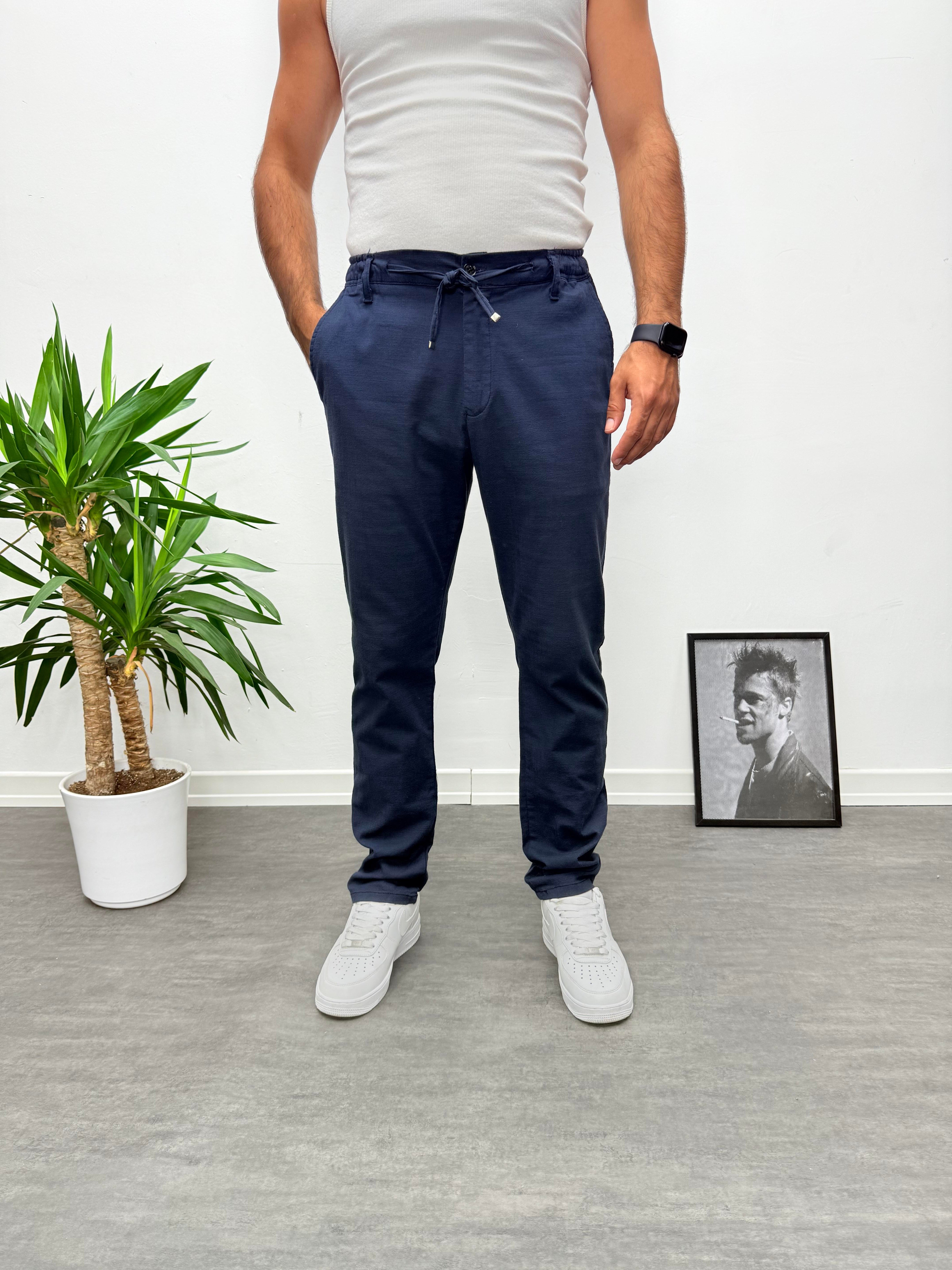 Lacivert Regular Boyfriend Kalıp Keten Pantolon