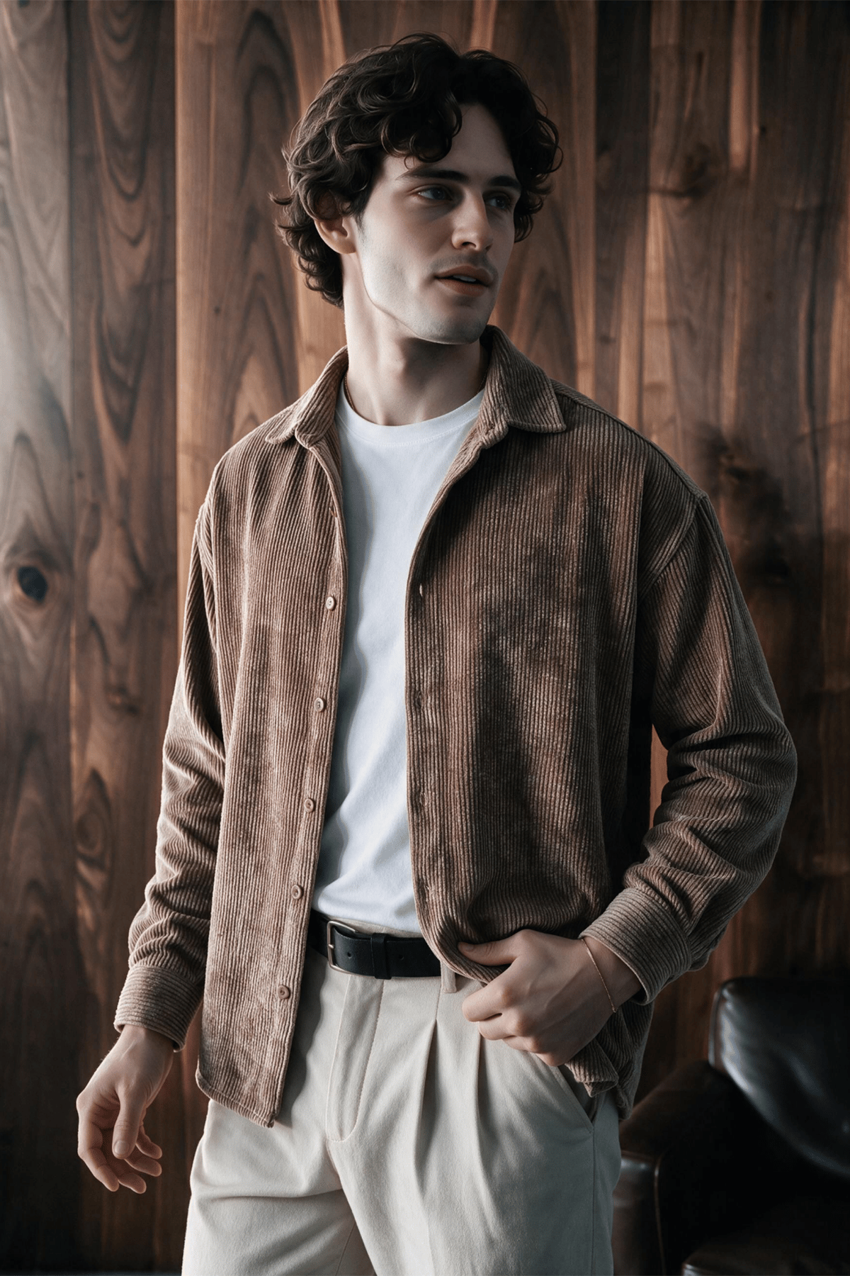 Maren Erkek Premium Kalite Oversize Kadife Uzun Kollu Gömlek Ceket Mocha Vizon