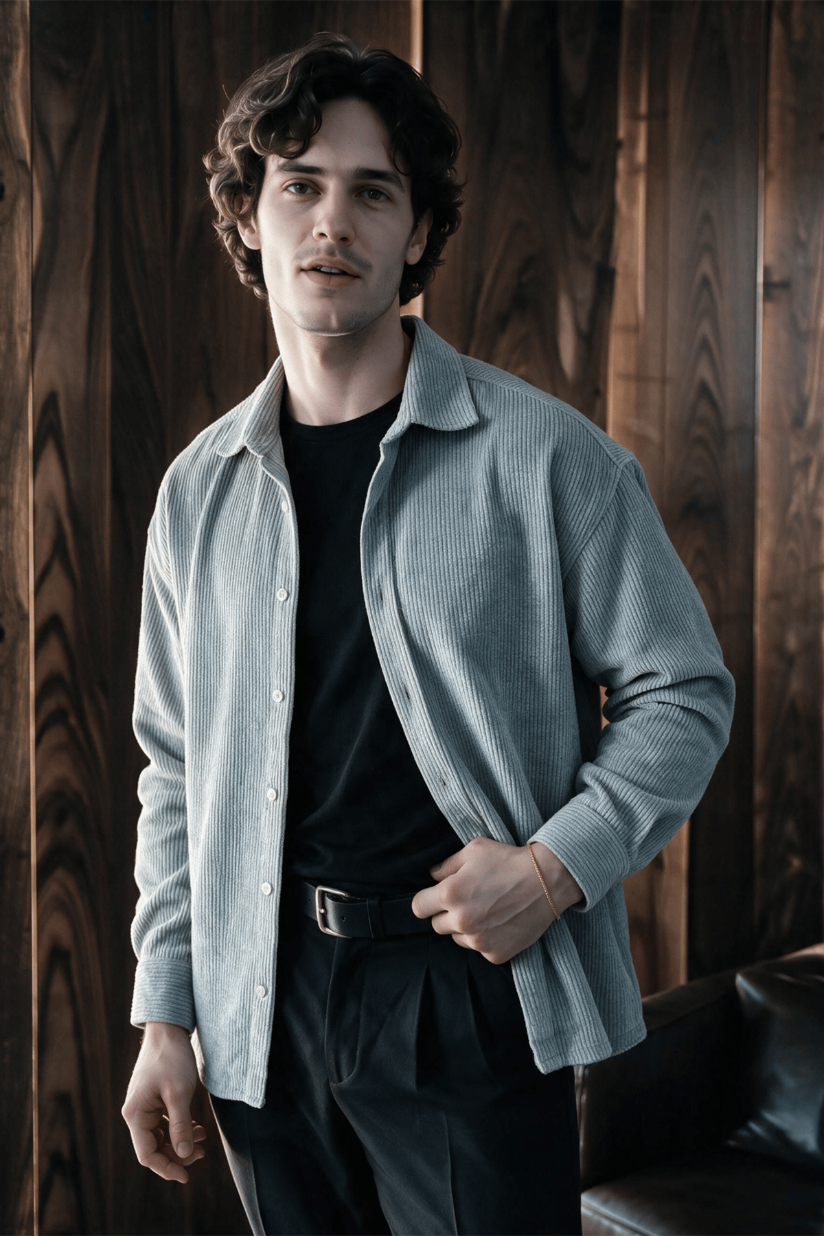 Maren Erkek Premium Kalite Oversize Kadife Uzun Kollu Gömlek Ceket Gri