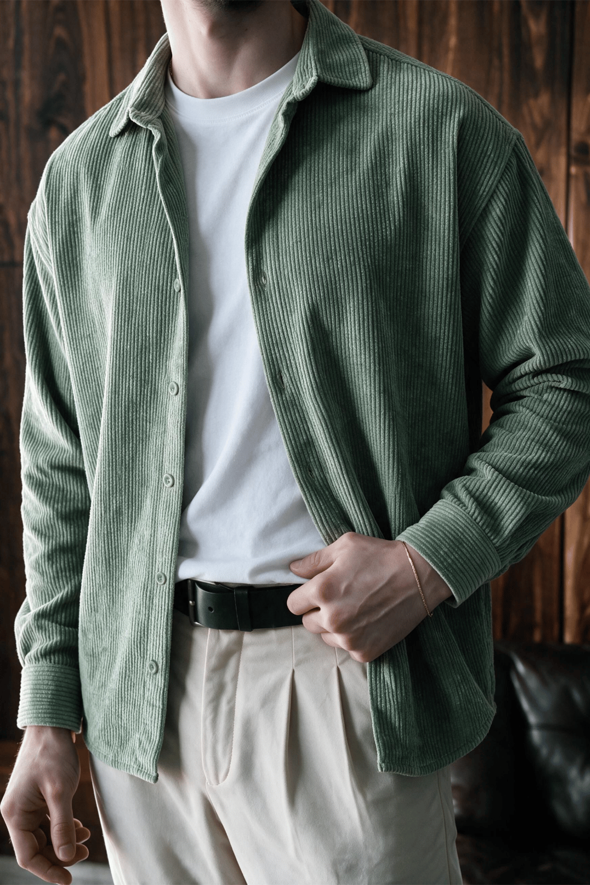 Maren Erkek Premium Kalite Oversize Kadife Uzun Kollu Gömlek Ceket Açık Yeşil