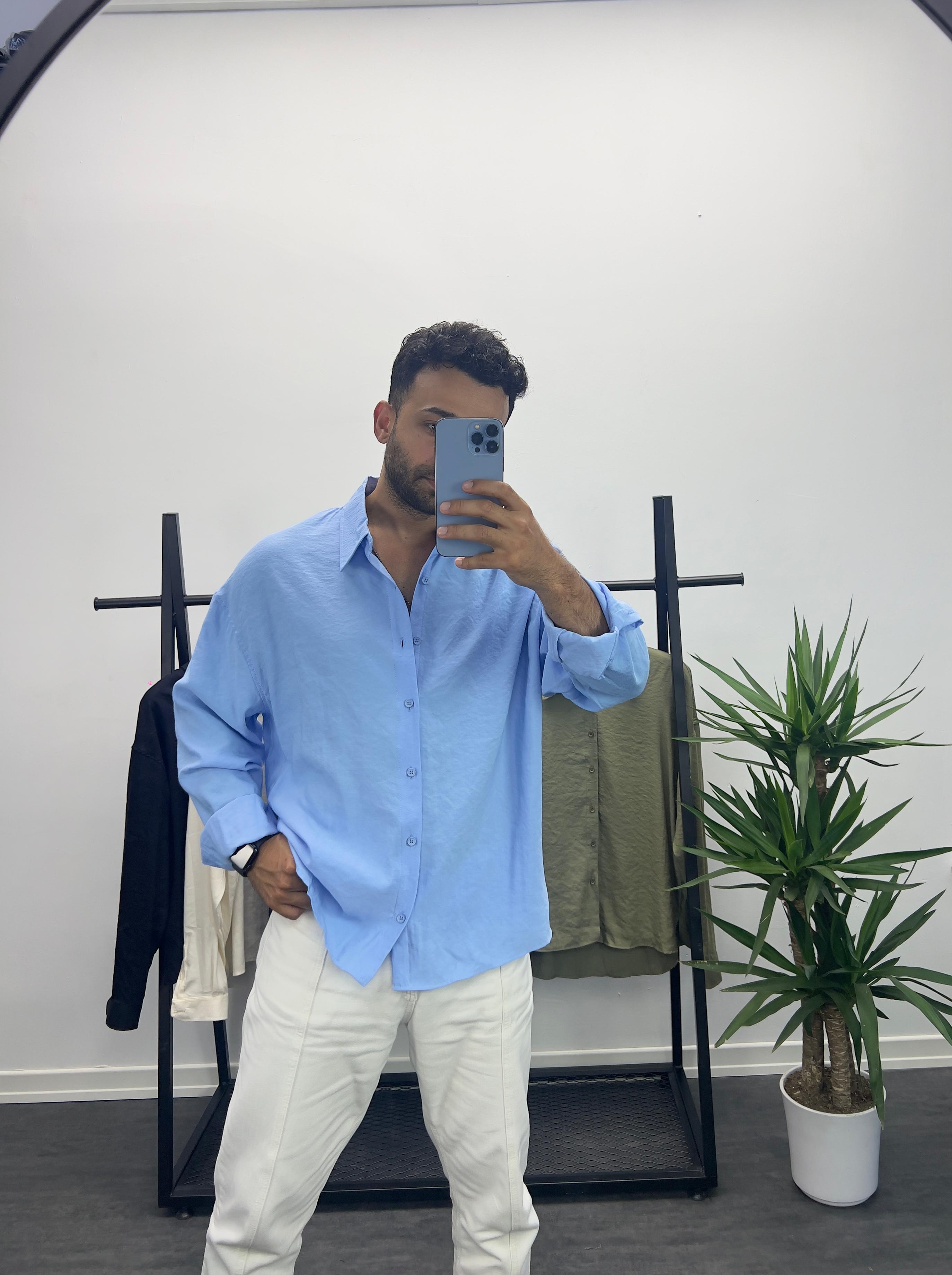 Mavi Tensel Kumaş Oversize Gömlek