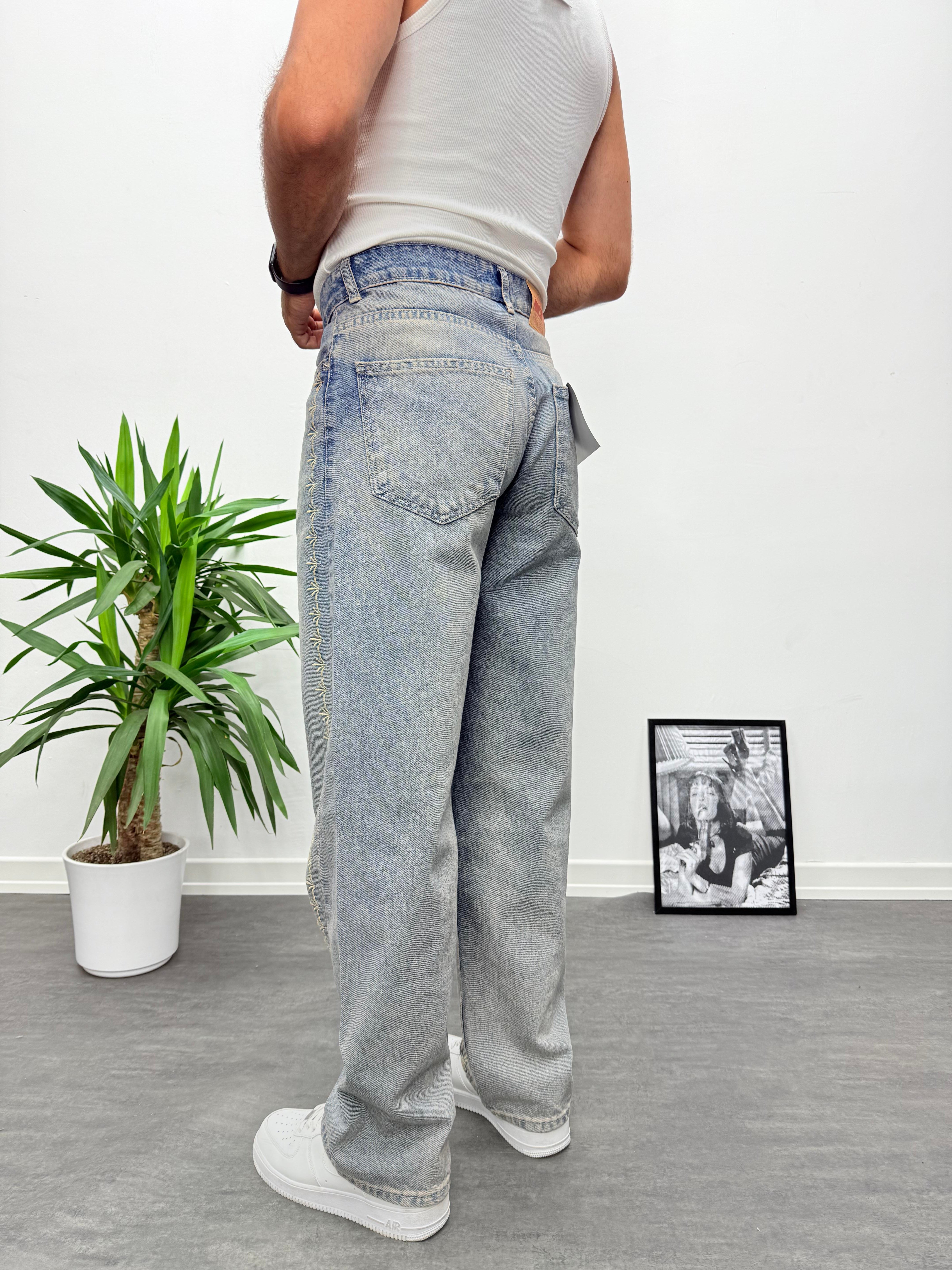Nakış Detaylı Mavi Baggy Jean
