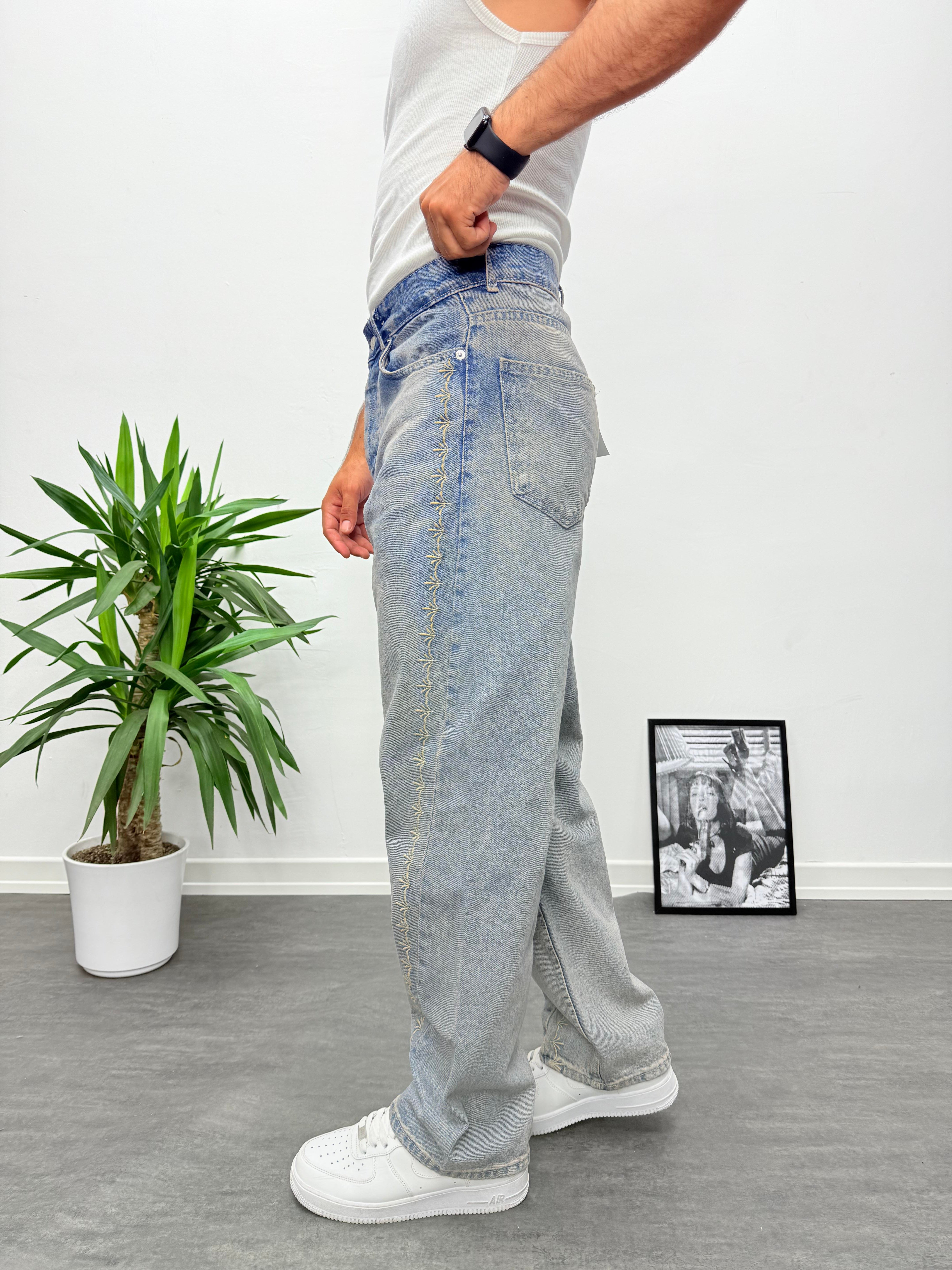 Nakış Detaylı Mavi Baggy Jean