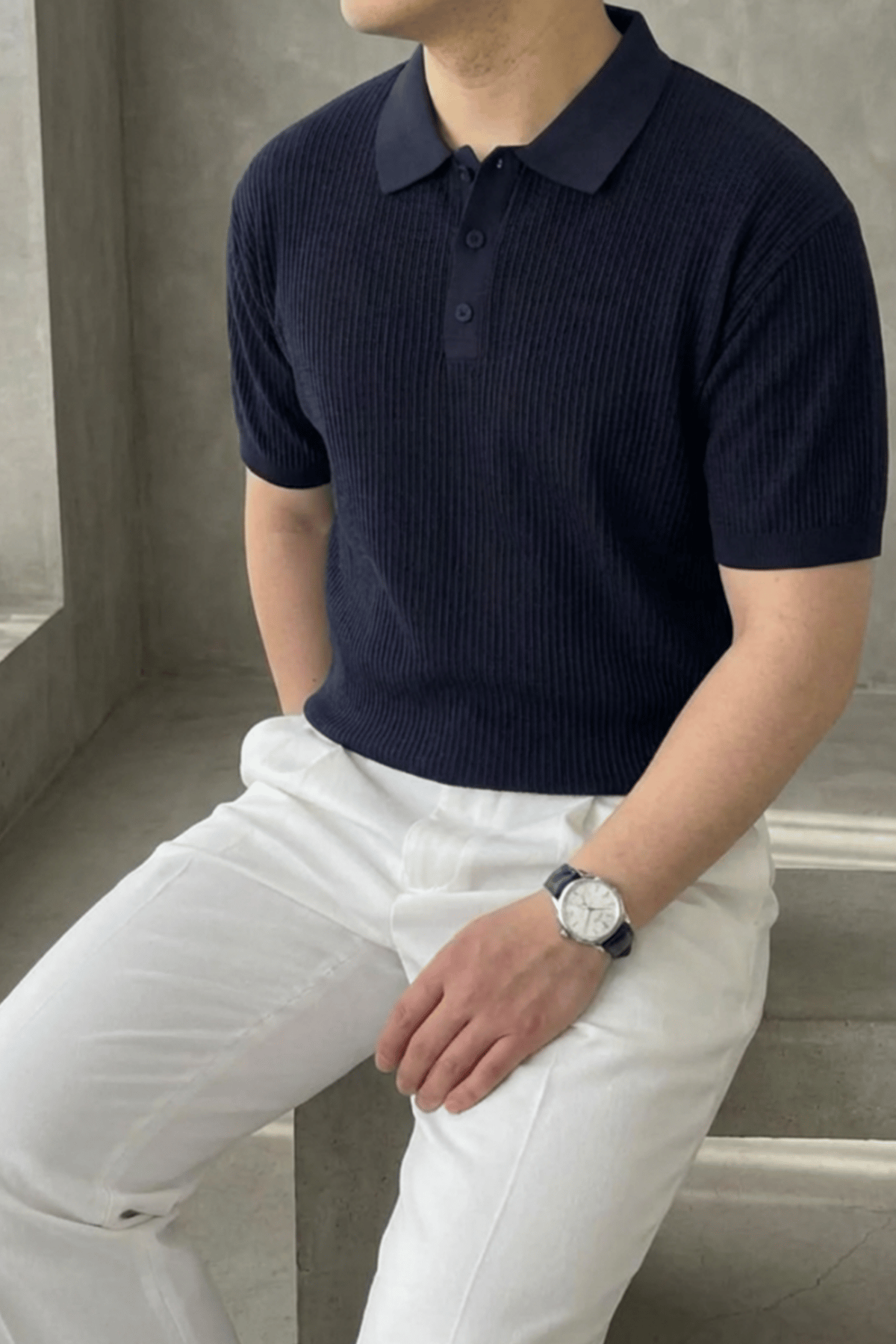 Örgü Detaylı Düğmeli Polo Yaka Triko T-Shirt Lacivert