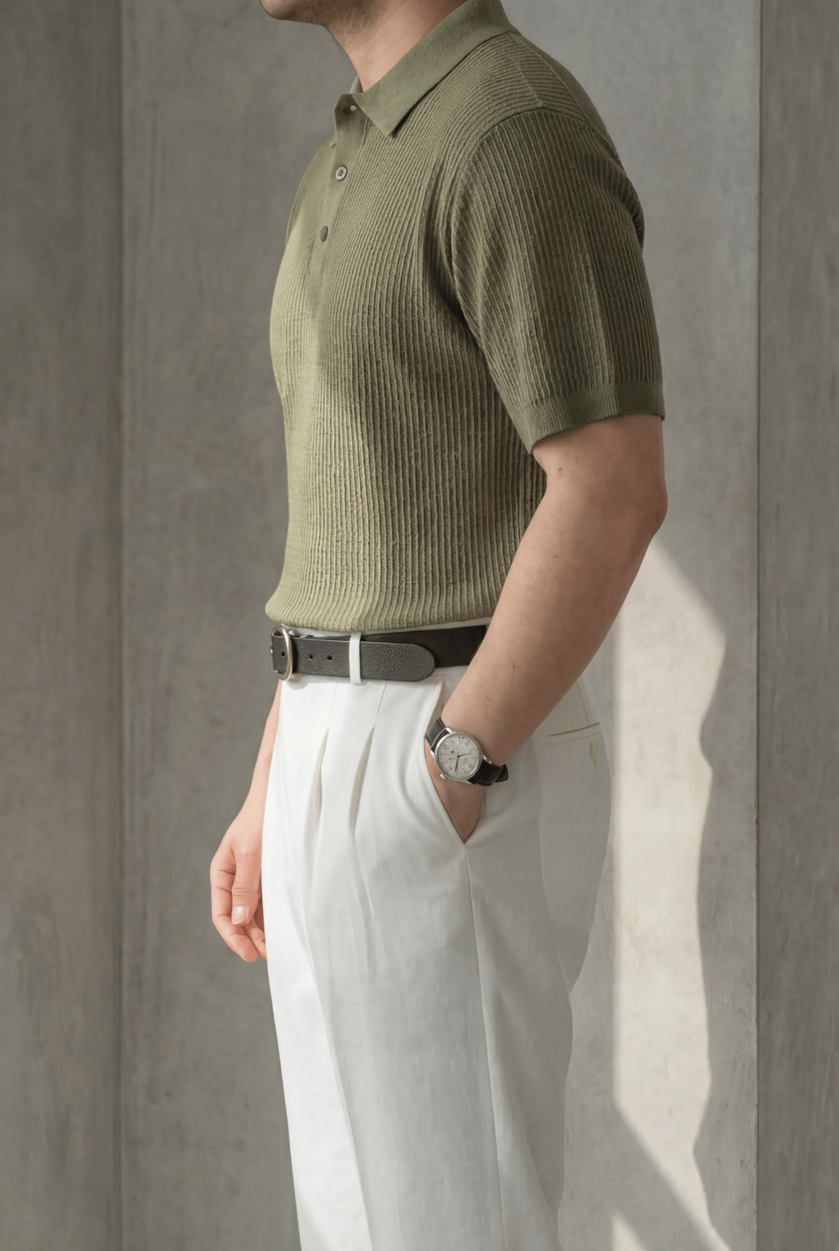 Örgü Detaylı Düğmeli Polo Yaka Triko T-Shirt Haki