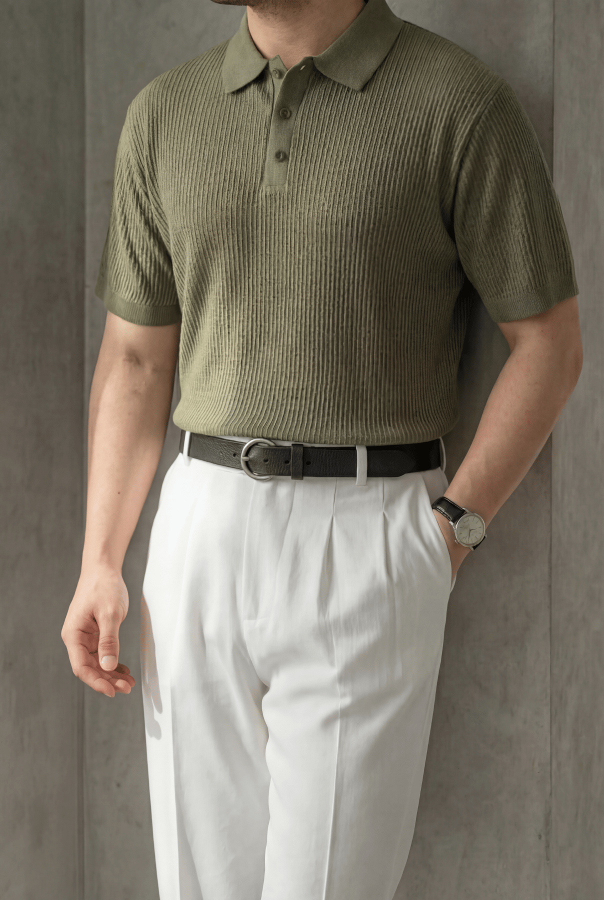 Örgü Detaylı Düğmeli Polo Yaka Triko T-Shirt Haki
