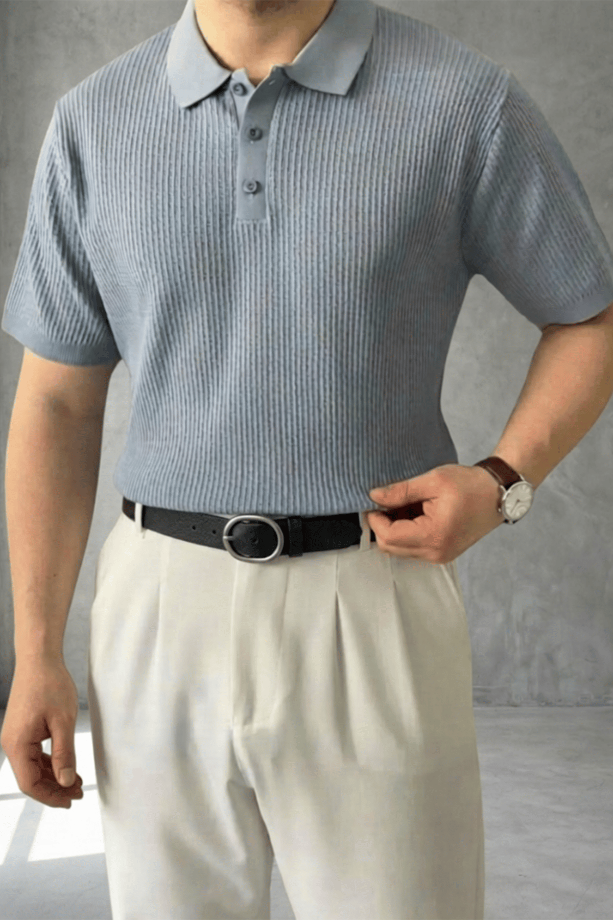 Örgü Detaylı Düğmeli Polo Yaka Triko T-Shirt Bebe Mavisi