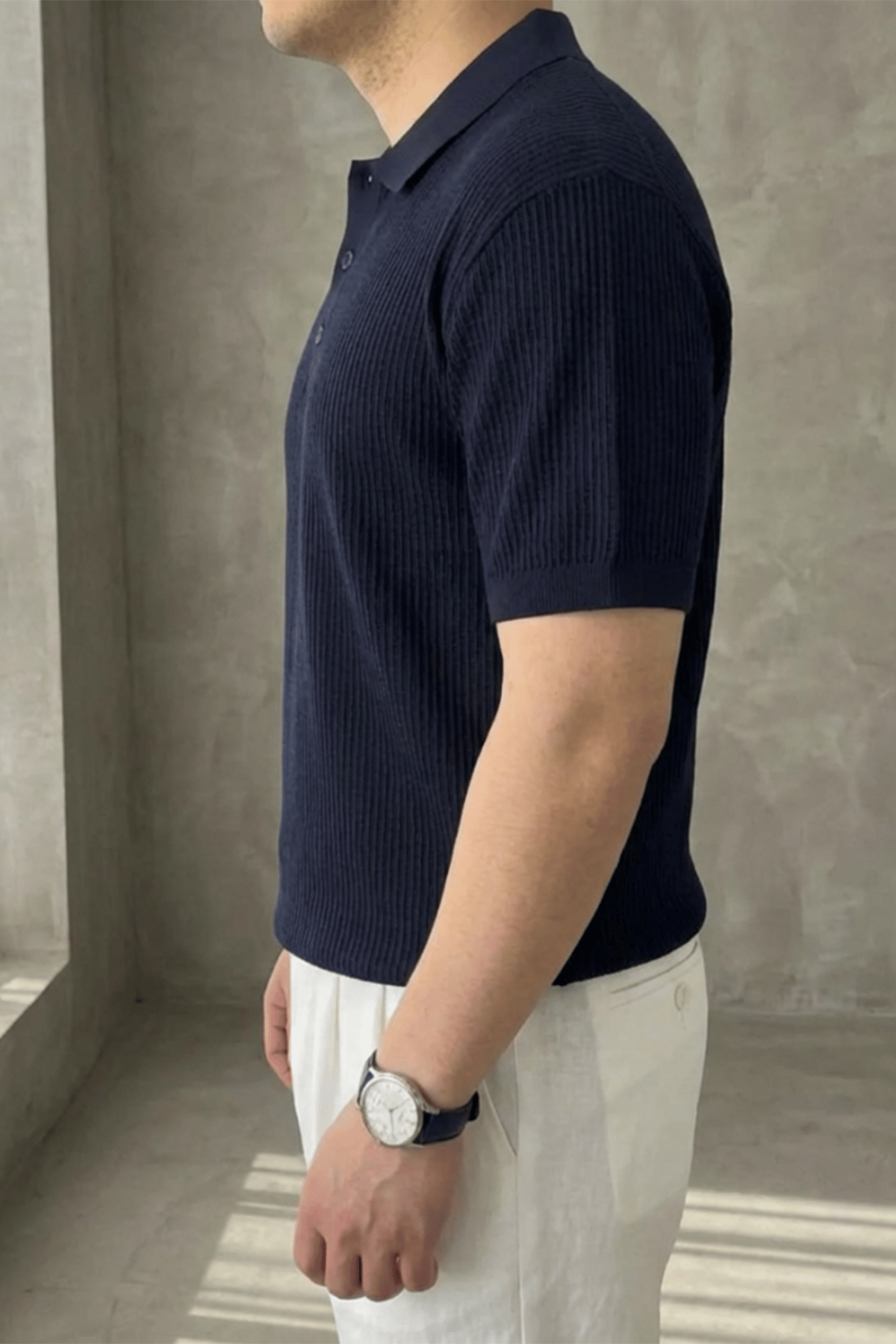 Örgü Detaylı Düğmeli Polo Yaka Triko T-Shirt Lacivert
