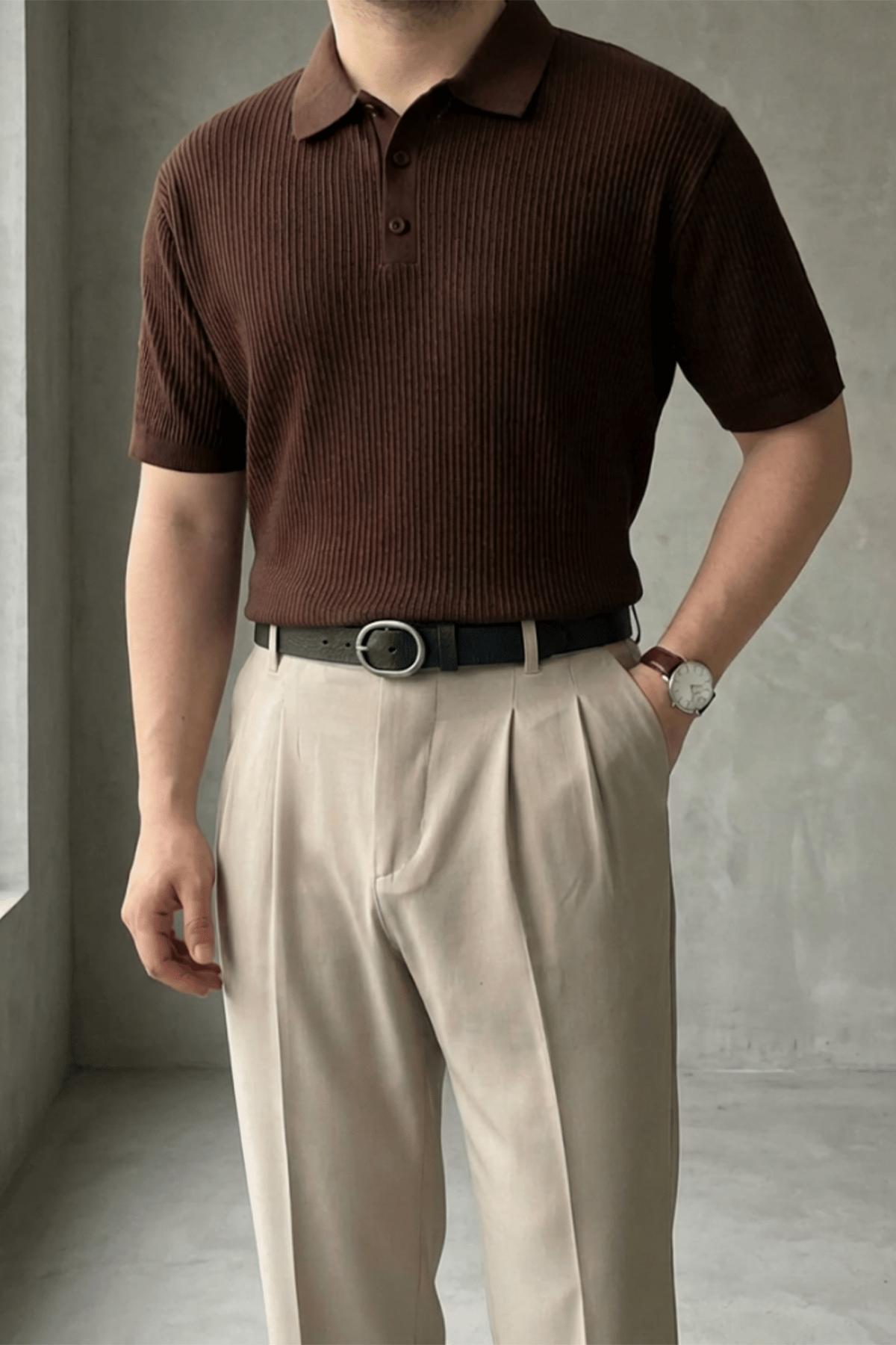 Örgü Detaylı Düğmeli Polo Yaka Triko T-Shirt Acı Kahve