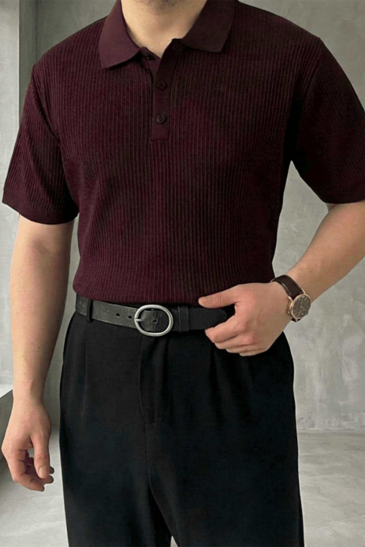 Örgü Detaylı Düğmeli Polo Yaka Triko T-Shirt Bordo