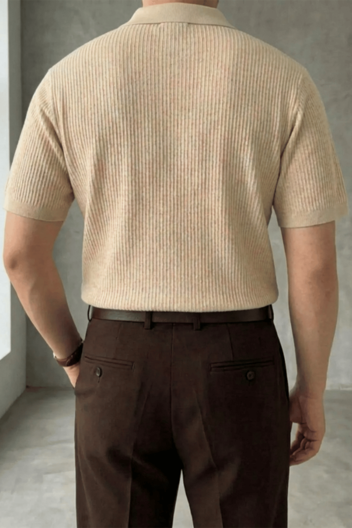Örgü Detaylı Düğmeli Polo Yaka Triko T-Shirt Bej