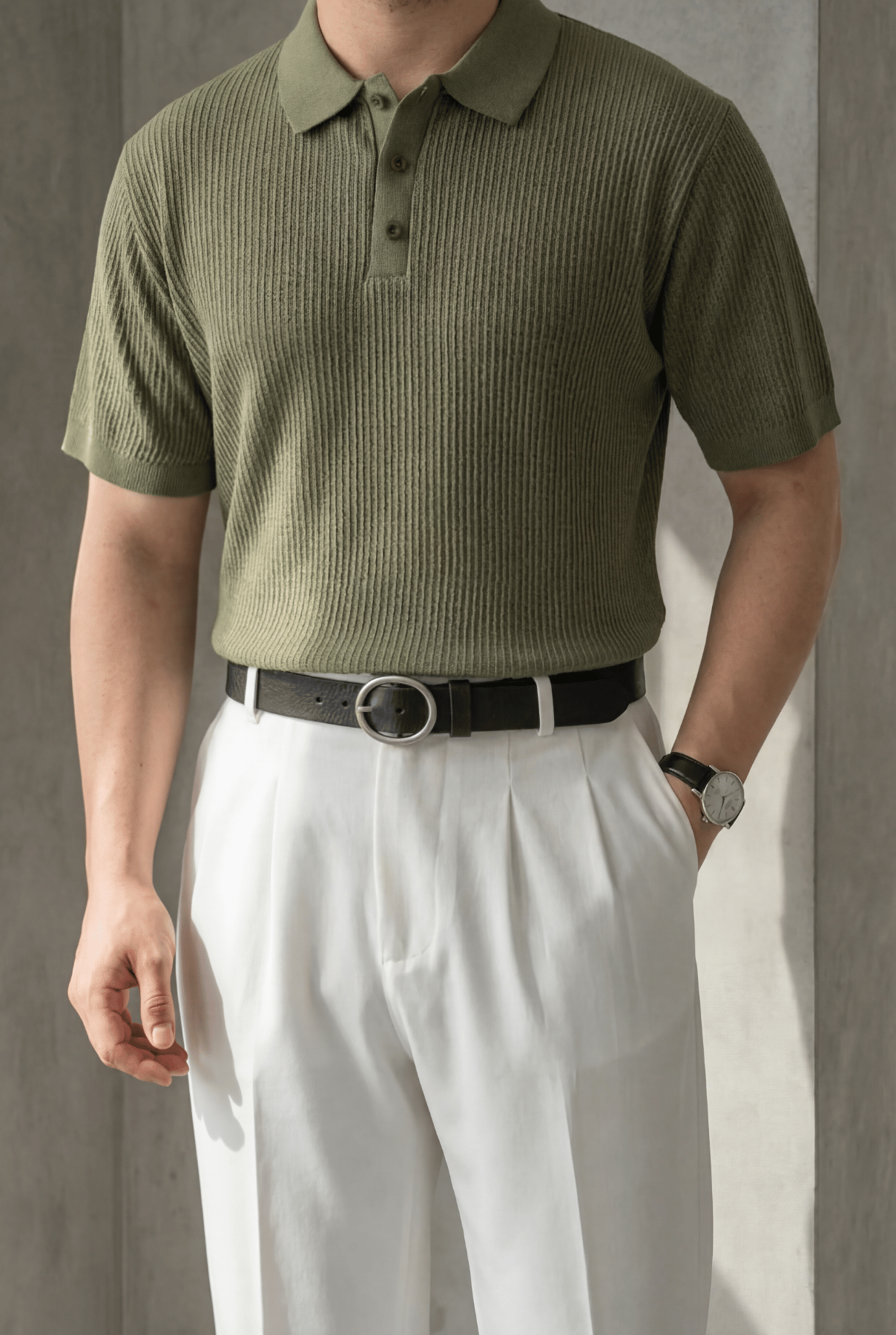 Örgü Detaylı Düğmeli Polo Yaka Triko T-Shirt Haki