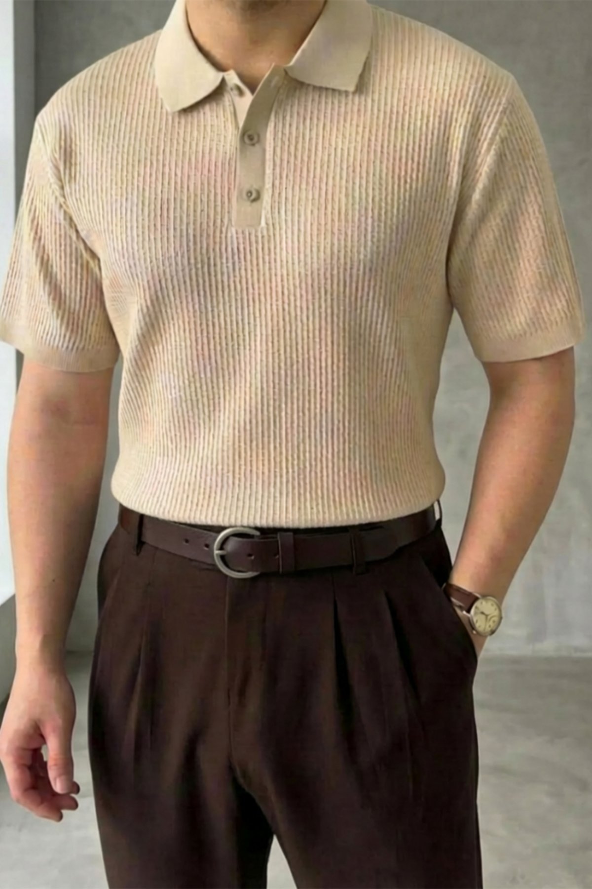 Örgü Detaylı Düğmeli Polo Yaka Triko T-Shirt Bej