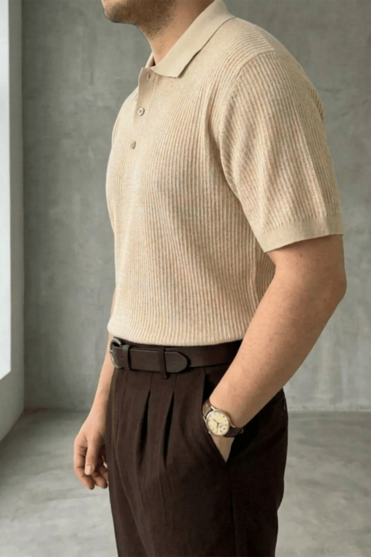 Örgü Detaylı Düğmeli Polo Yaka Triko T-Shirt Bej