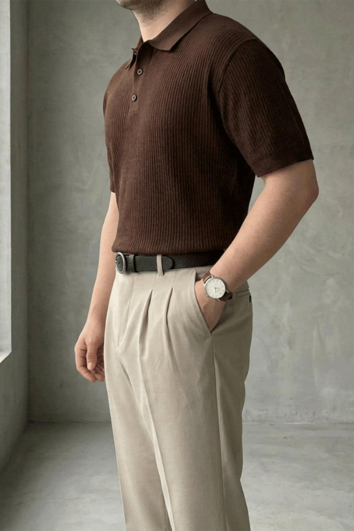 Örgü Detaylı Düğmeli Polo Yaka Triko T-Shirt Acı Kahve