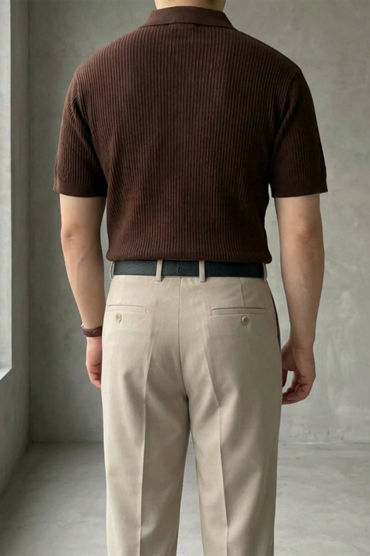 Örgü Detaylı Düğmeli Polo Yaka Triko T-Shirt Acı Kahve