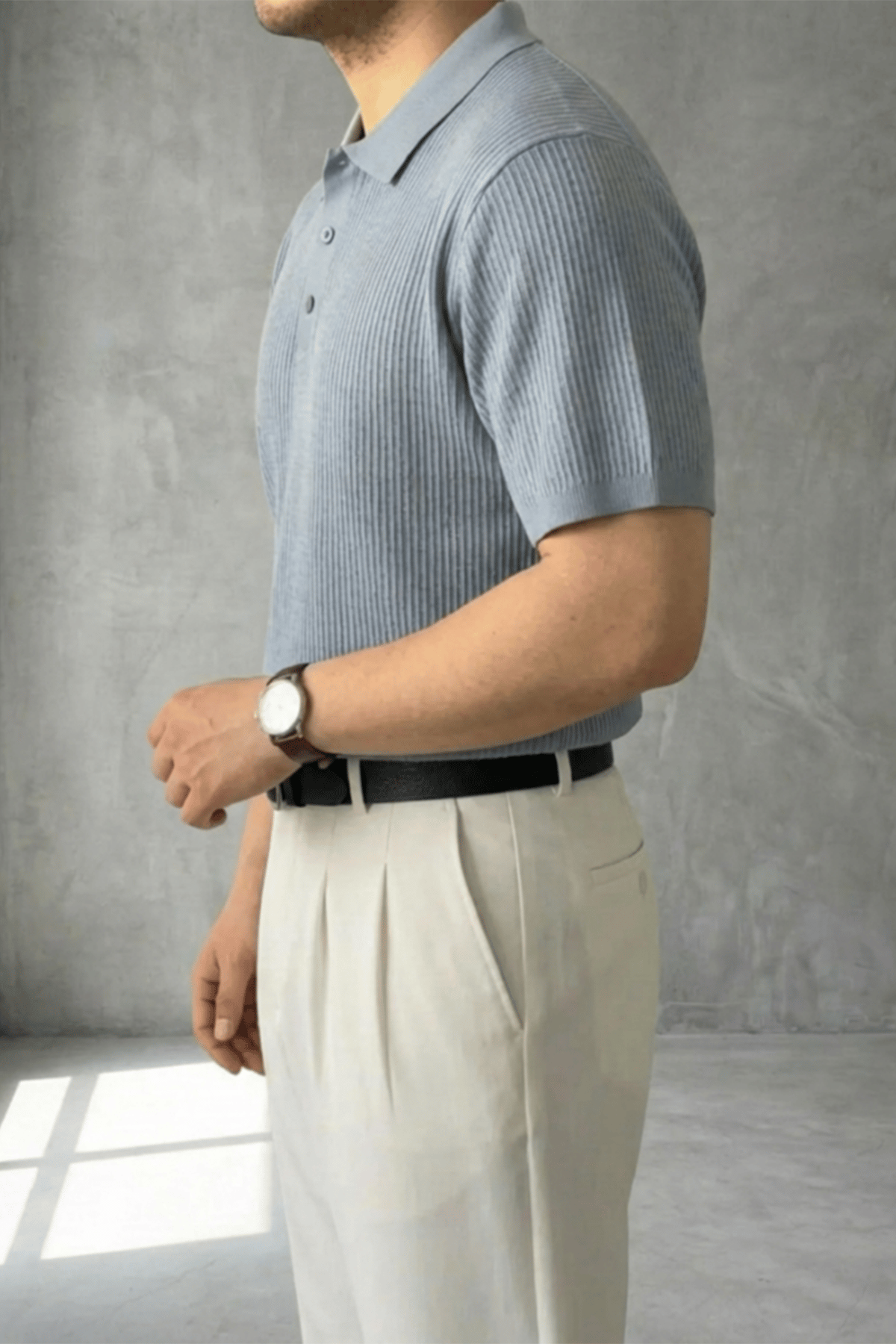 Örgü Detaylı Düğmeli Polo Yaka Triko T-Shirt Bebe Mavisi