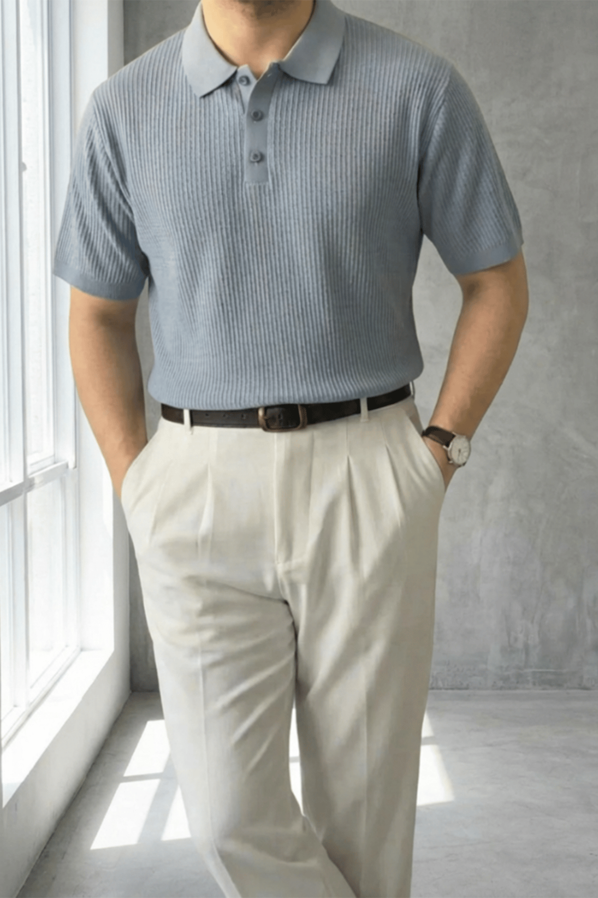 Örgü Detaylı Düğmeli Polo Yaka Triko T-Shirt Bebe Mavisi