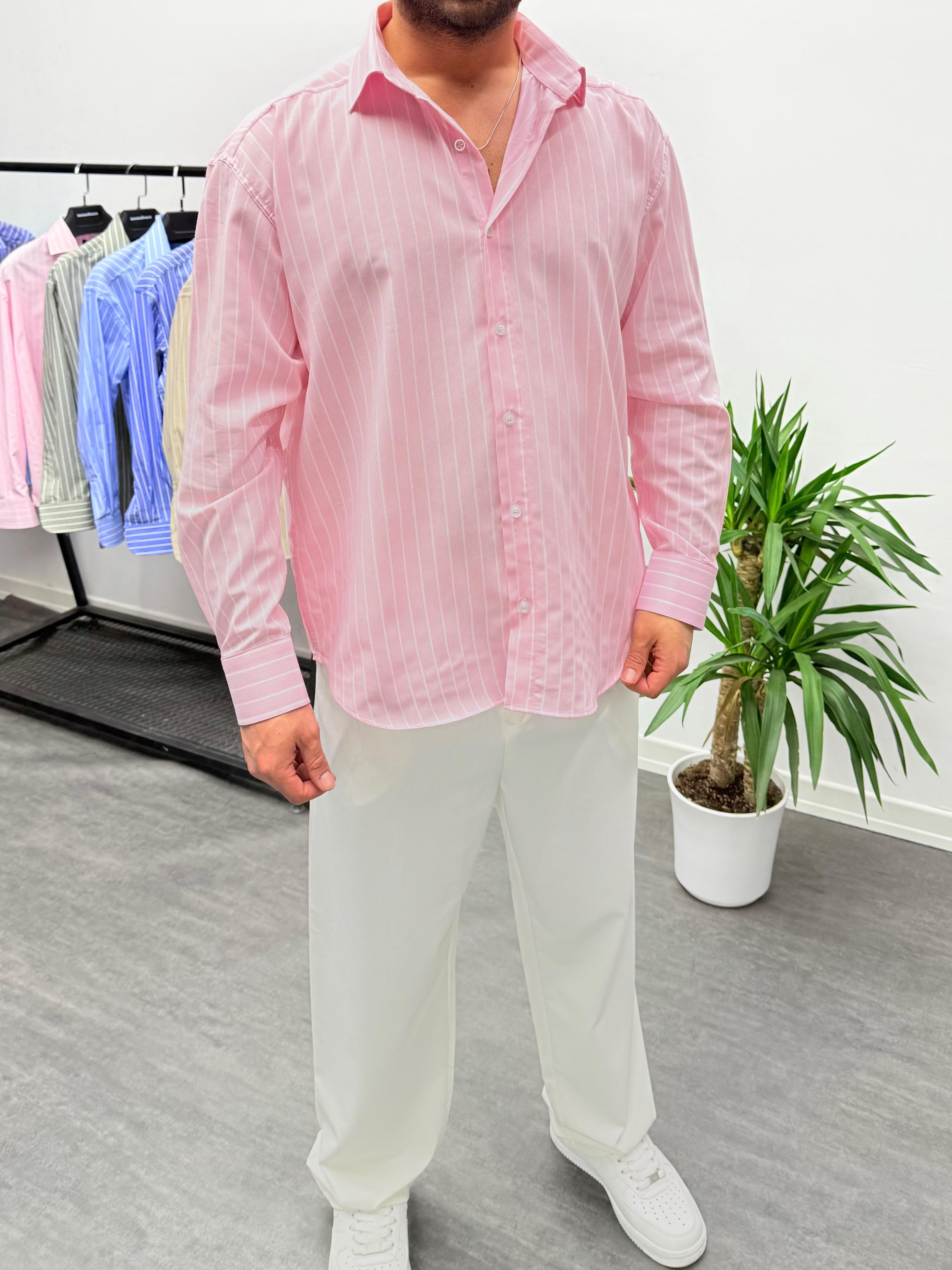 Pembe Çizgi Detaylı Keten Oversize Gömlek