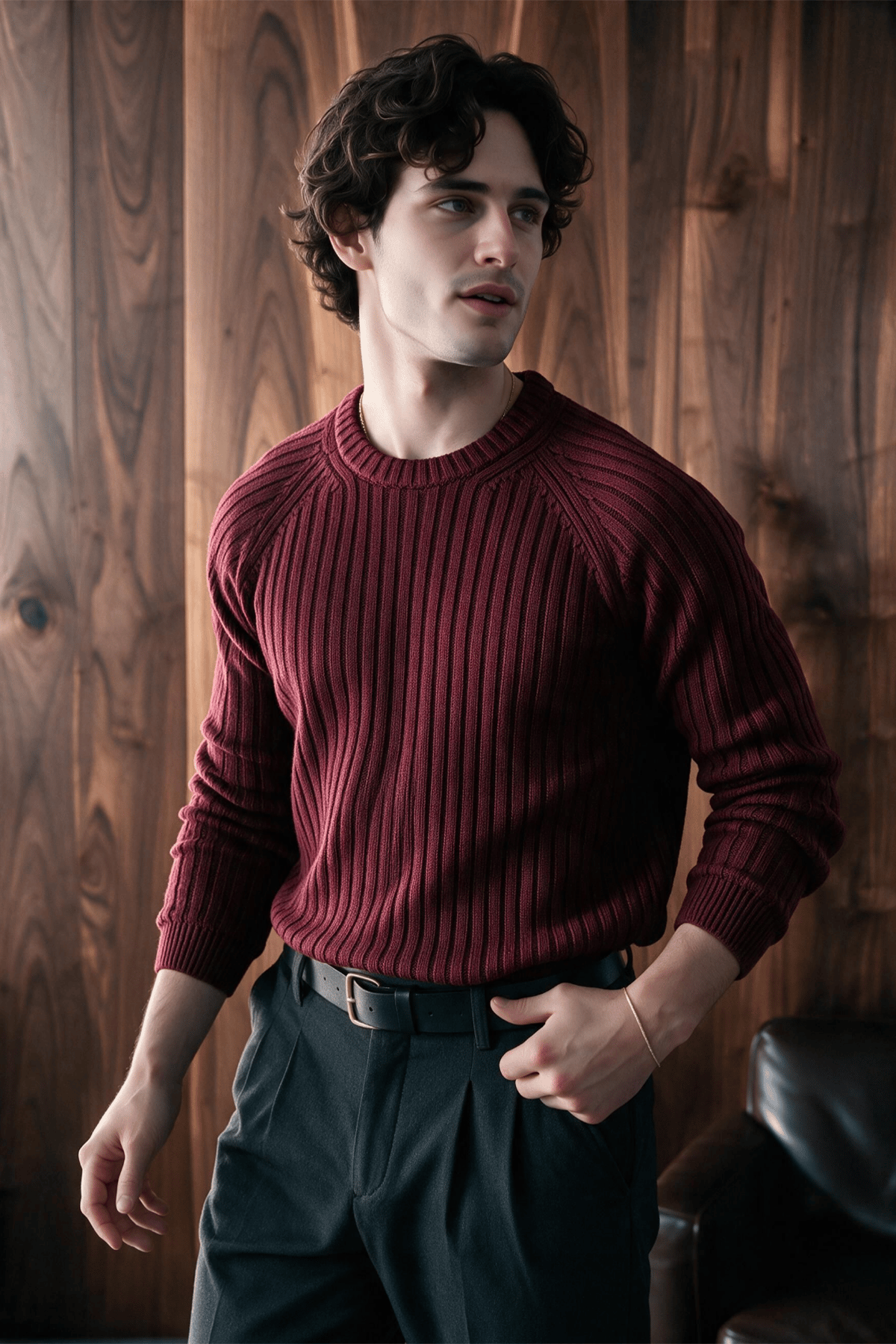 Santoro Erkek Bisiklet Yaka Regular-Fit Fitilli Triko Kazak Bordo