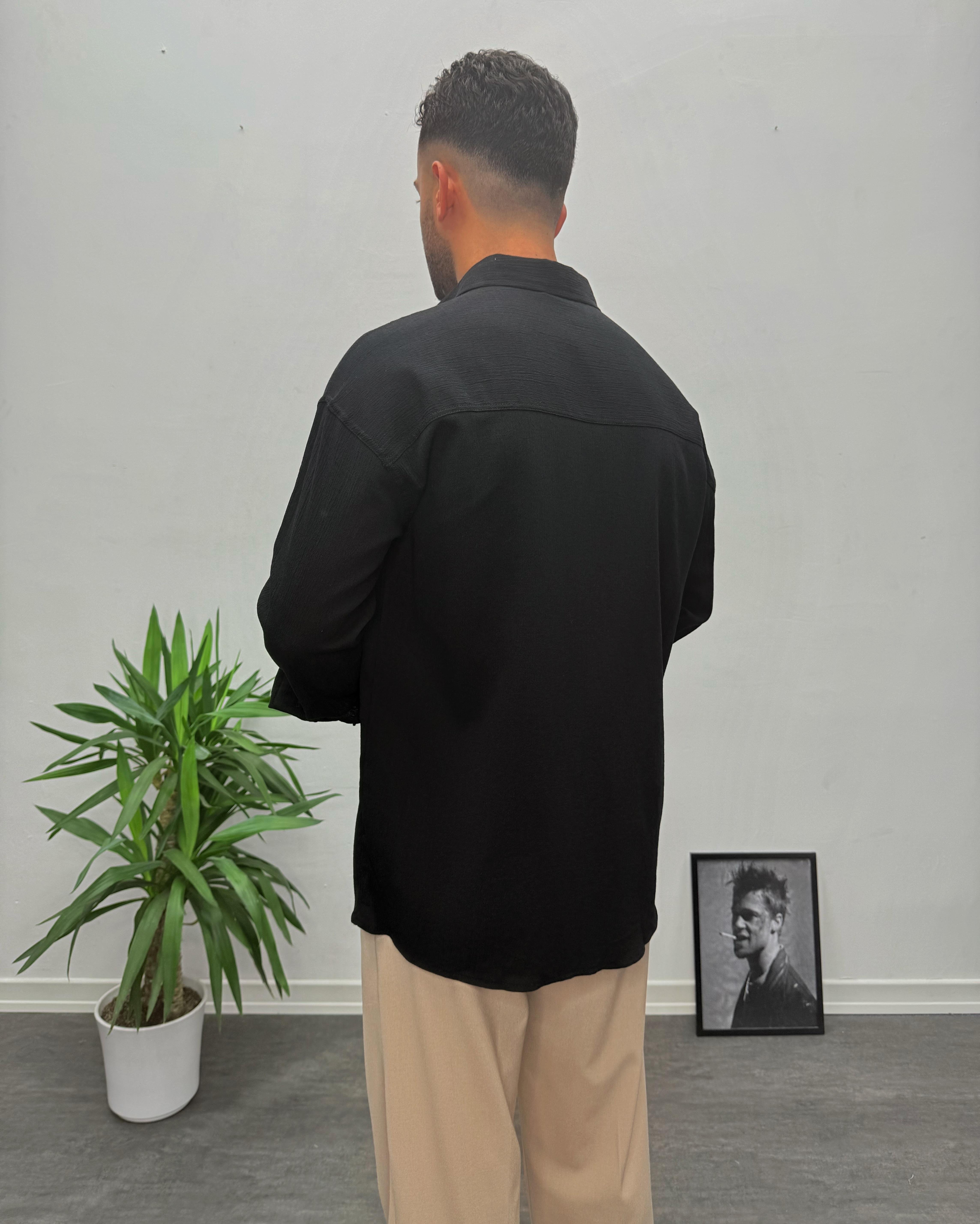 Siyah Krinkıl Kumai Oversize Gömlek