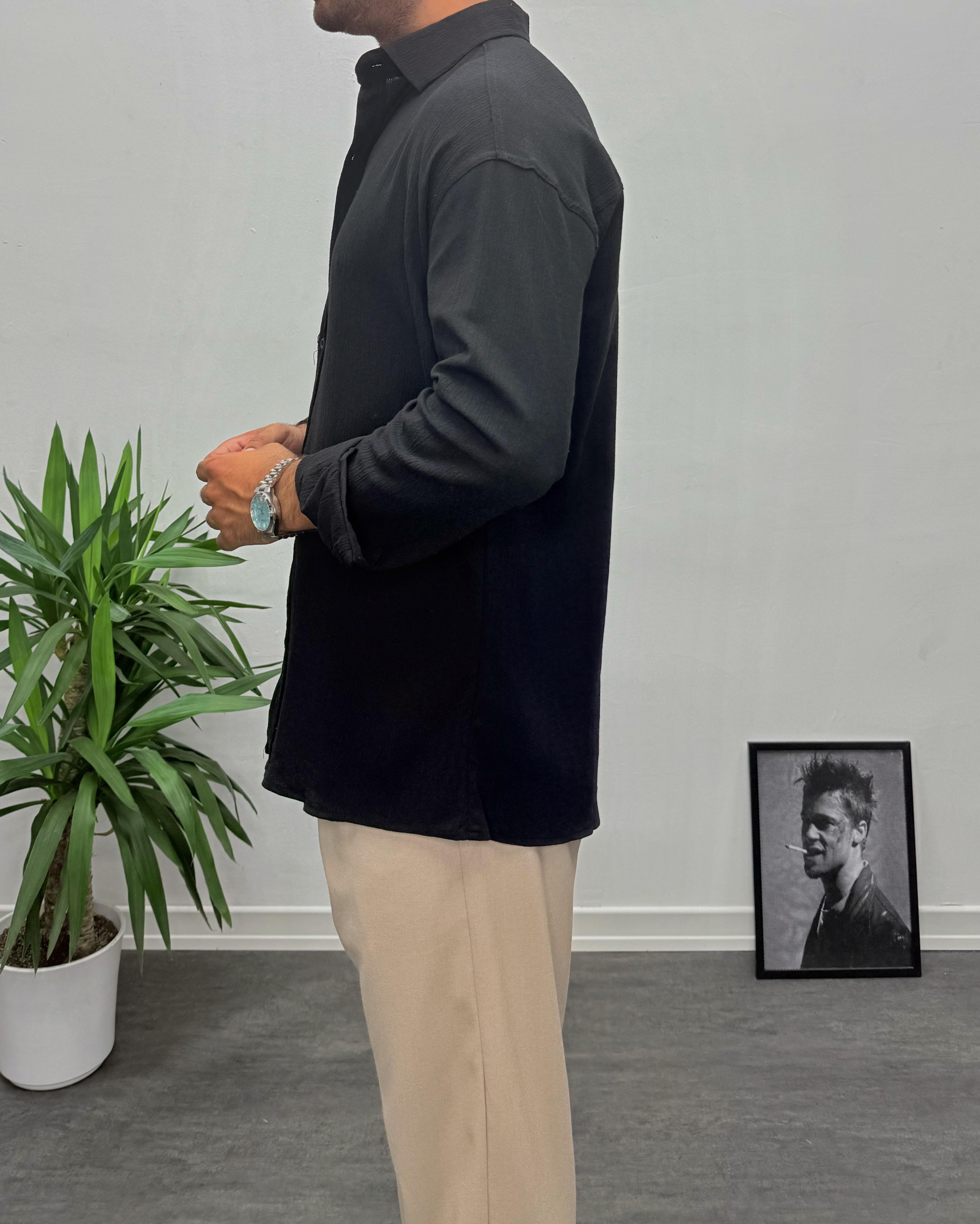 Siyah Krinkıl Kumai Oversize Gömlek