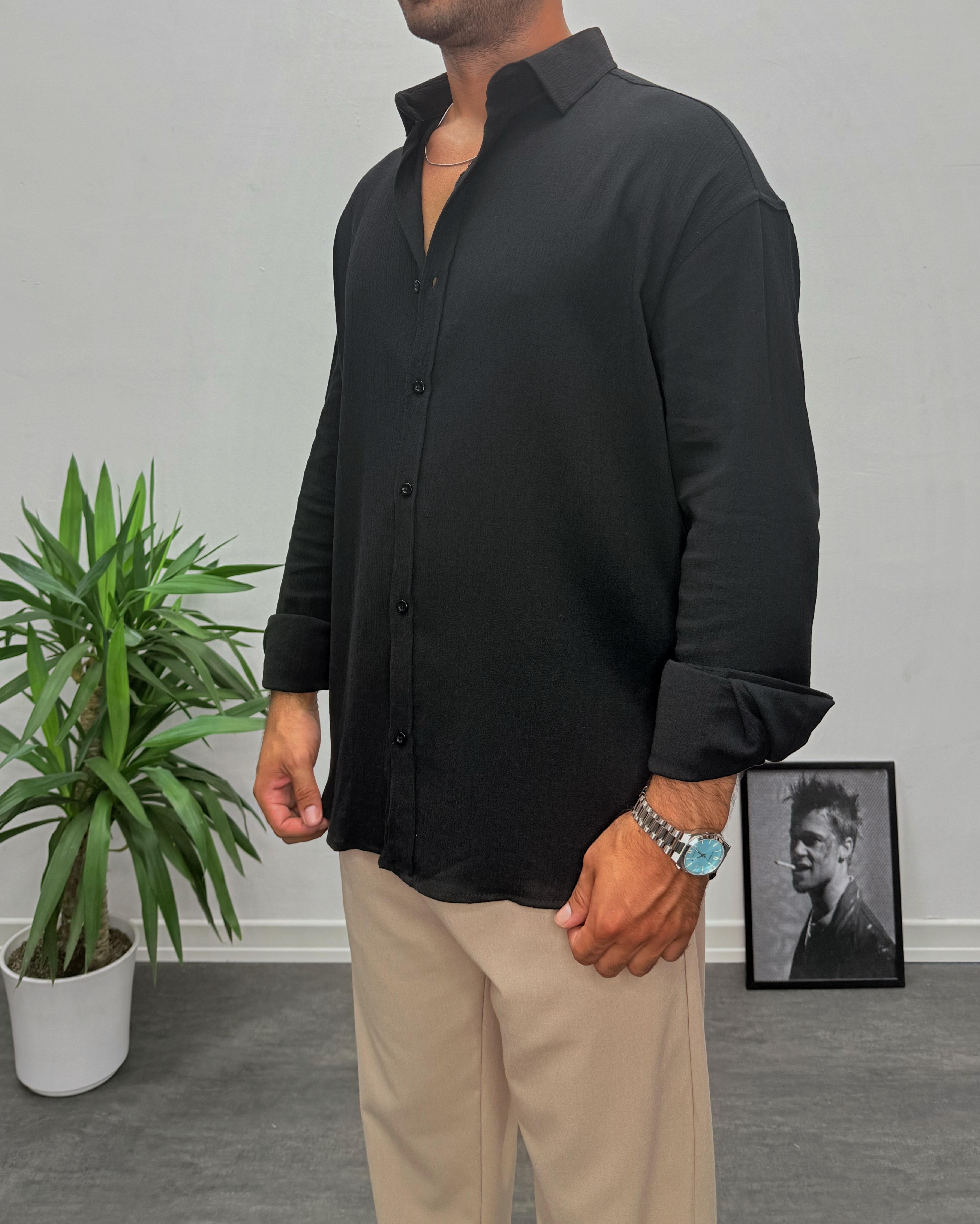 Siyah Krinkıl Kumai Oversize Gömlek