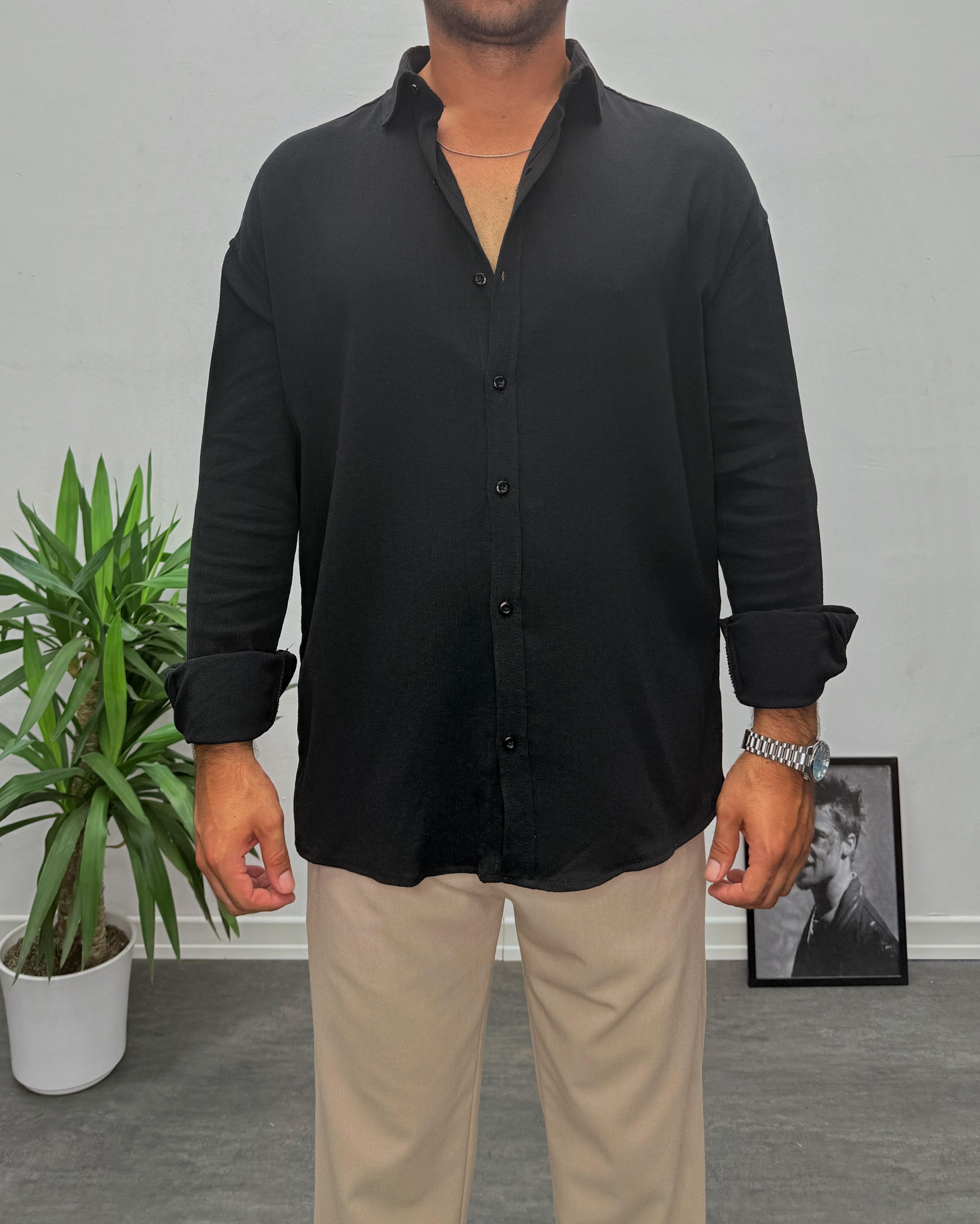 Siyah Krinkıl Kumai Oversize Gömlek