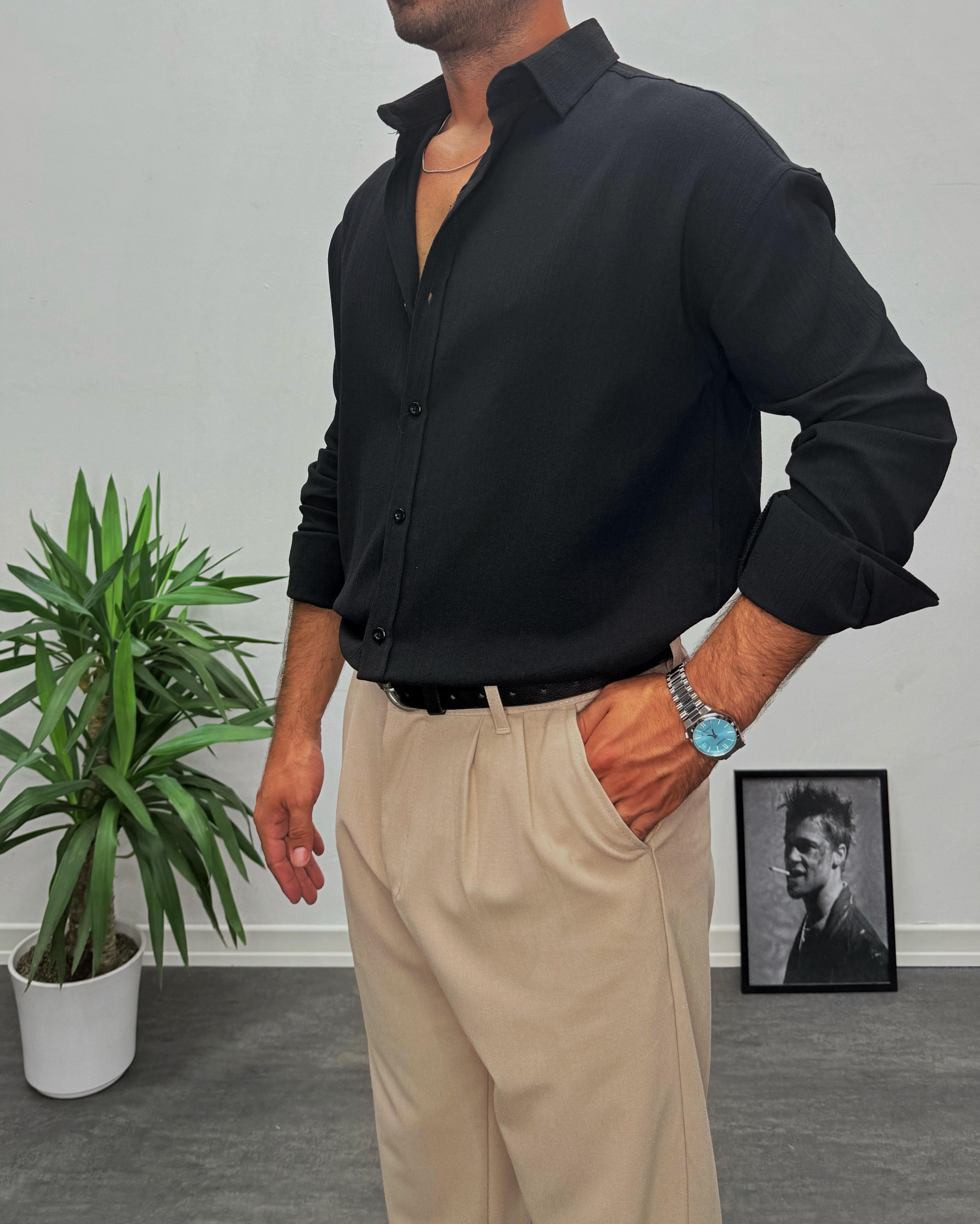 Siyah Krinkıl Kumai Oversize Gömlek