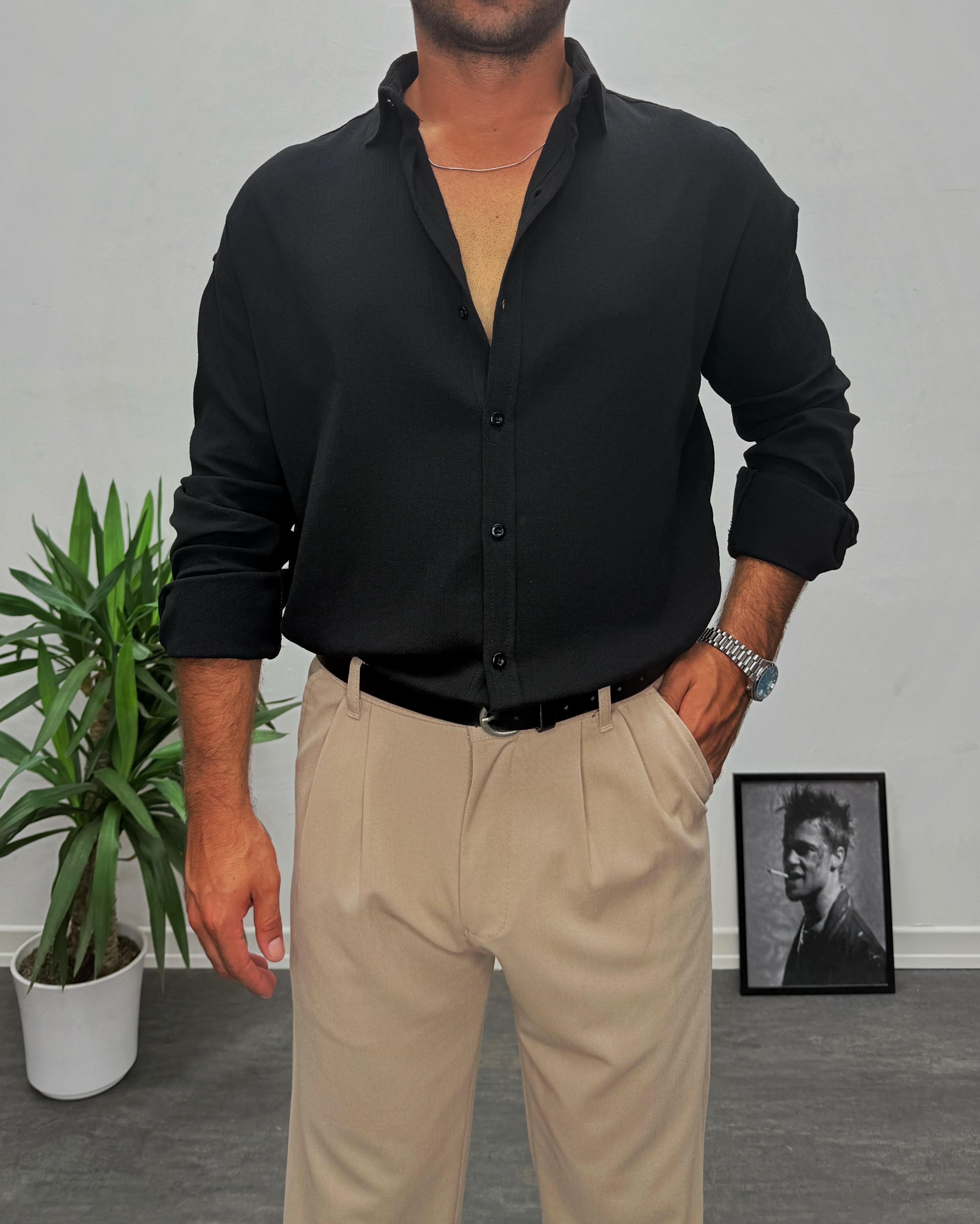 Siyah Krinkıl Kumai Oversize Gömlek
