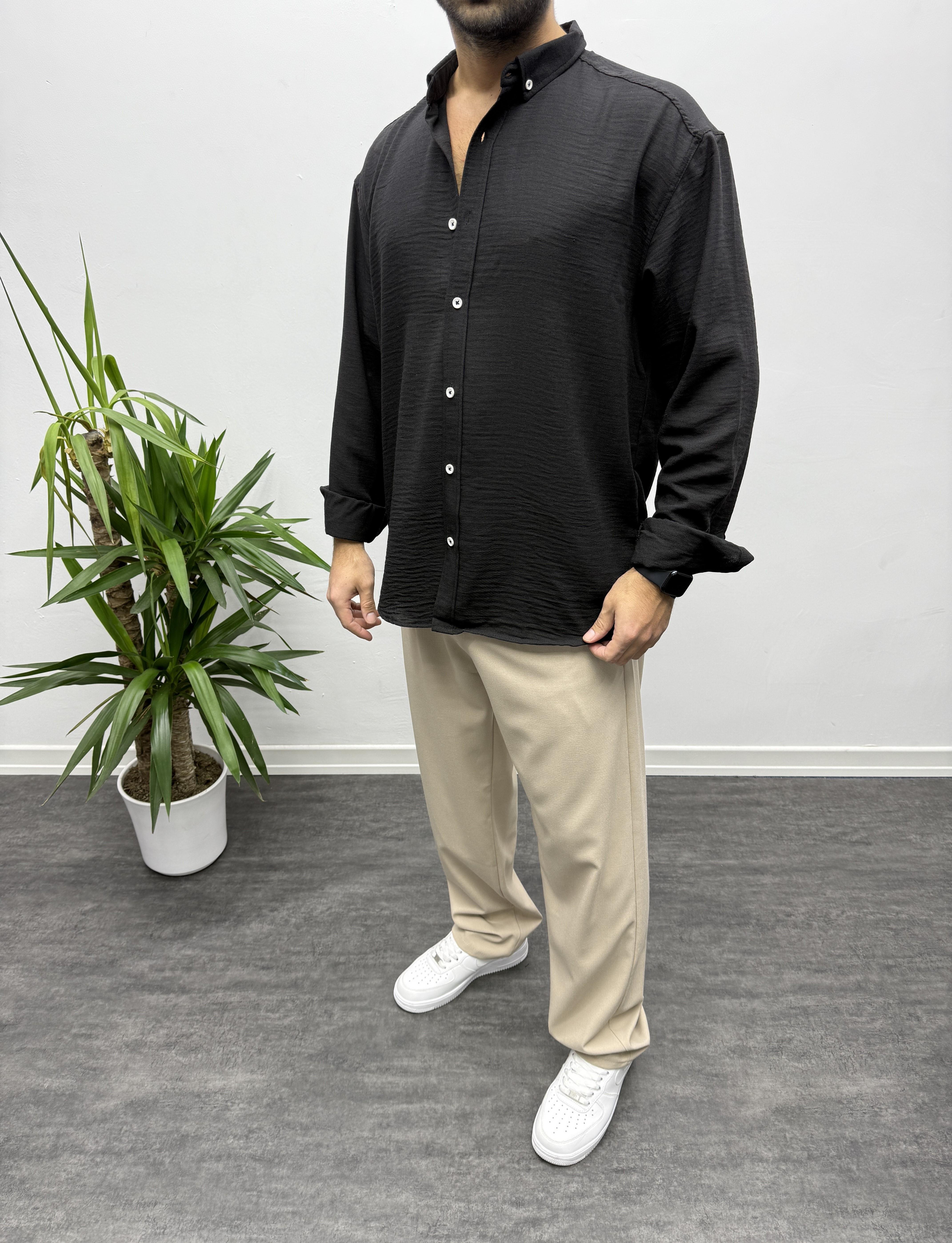 Siyah Oversize Dokulu Gömlek