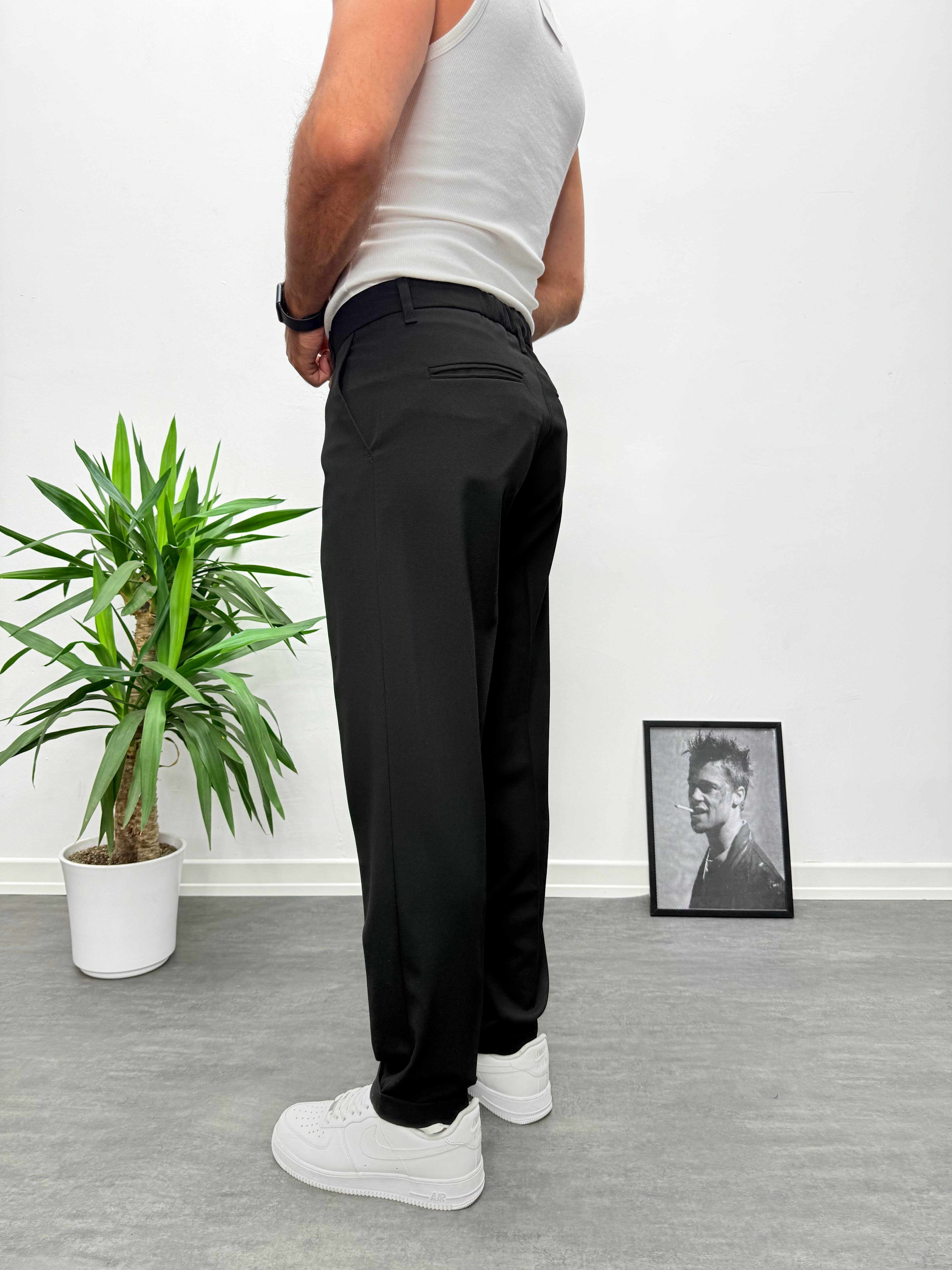 Siyah Premium Kalite Bel Lastikli Duble Paça Gabardin Kumaş Pantolon