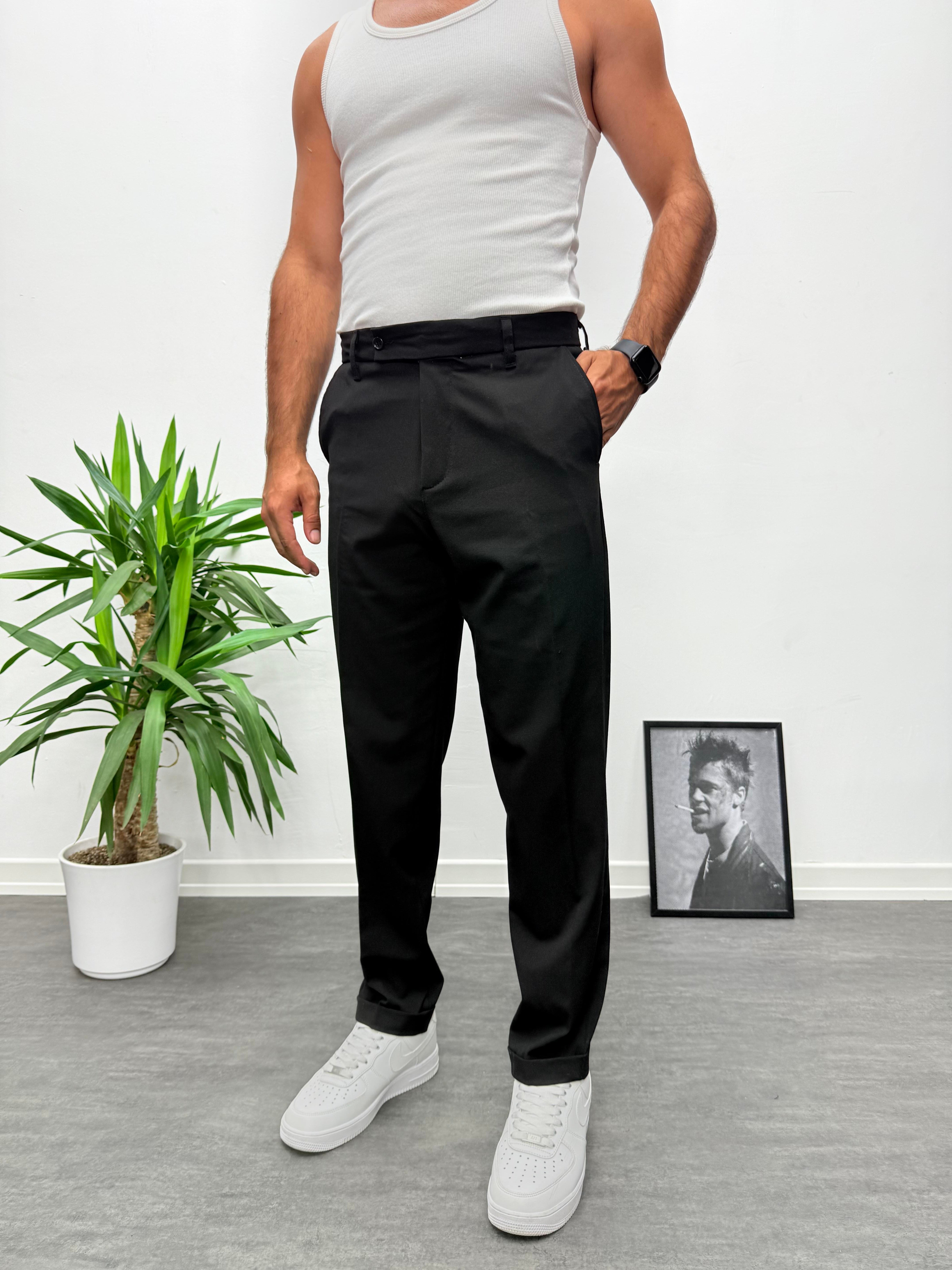 Siyah Premium Kalite Bel Lastikli Duble Paça Gabardin Kumaş Pantolon