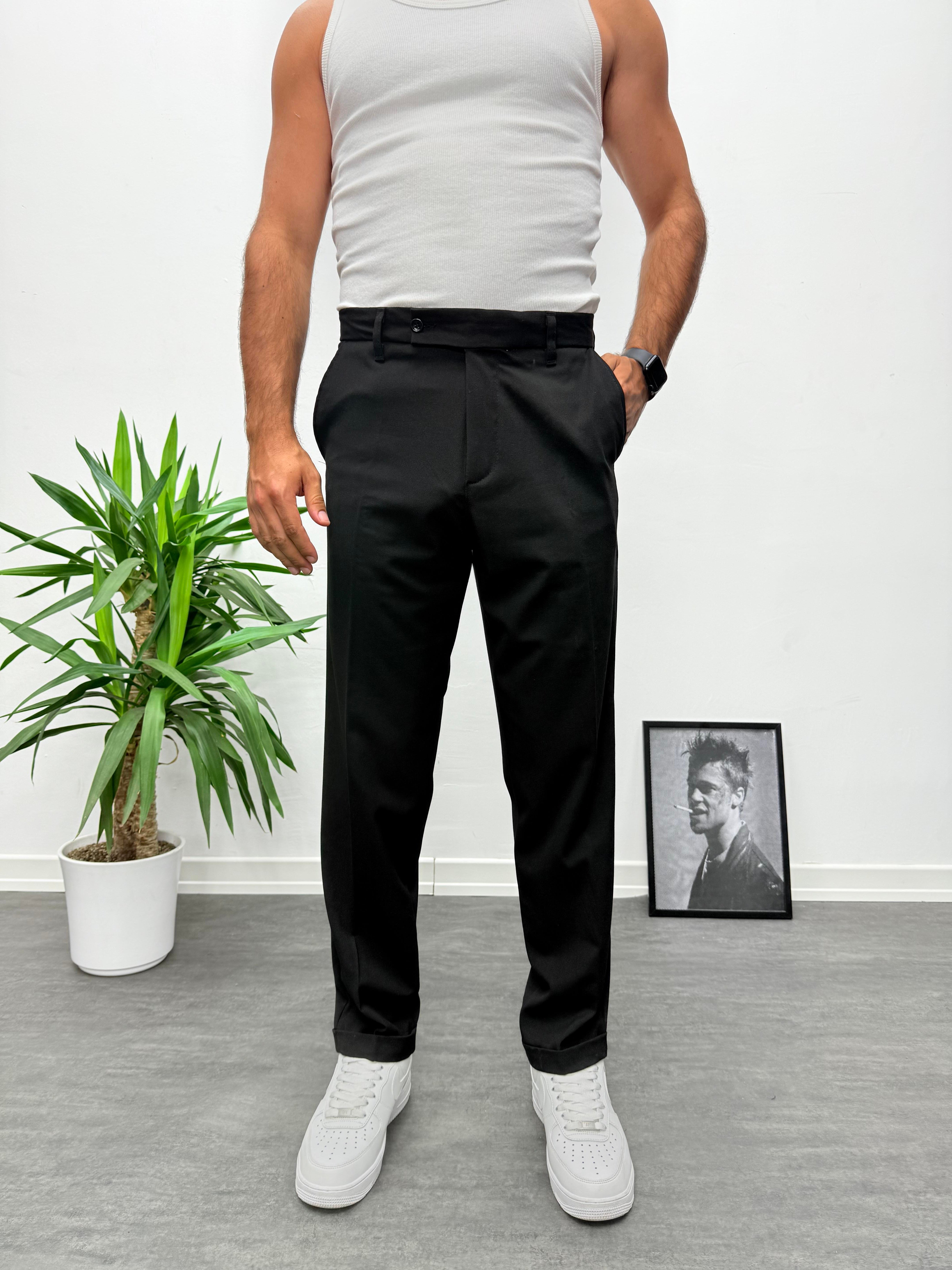 Siyah Premium Kalite Bel Lastikli Duble Paça Gabardin Kumaş Pantolon