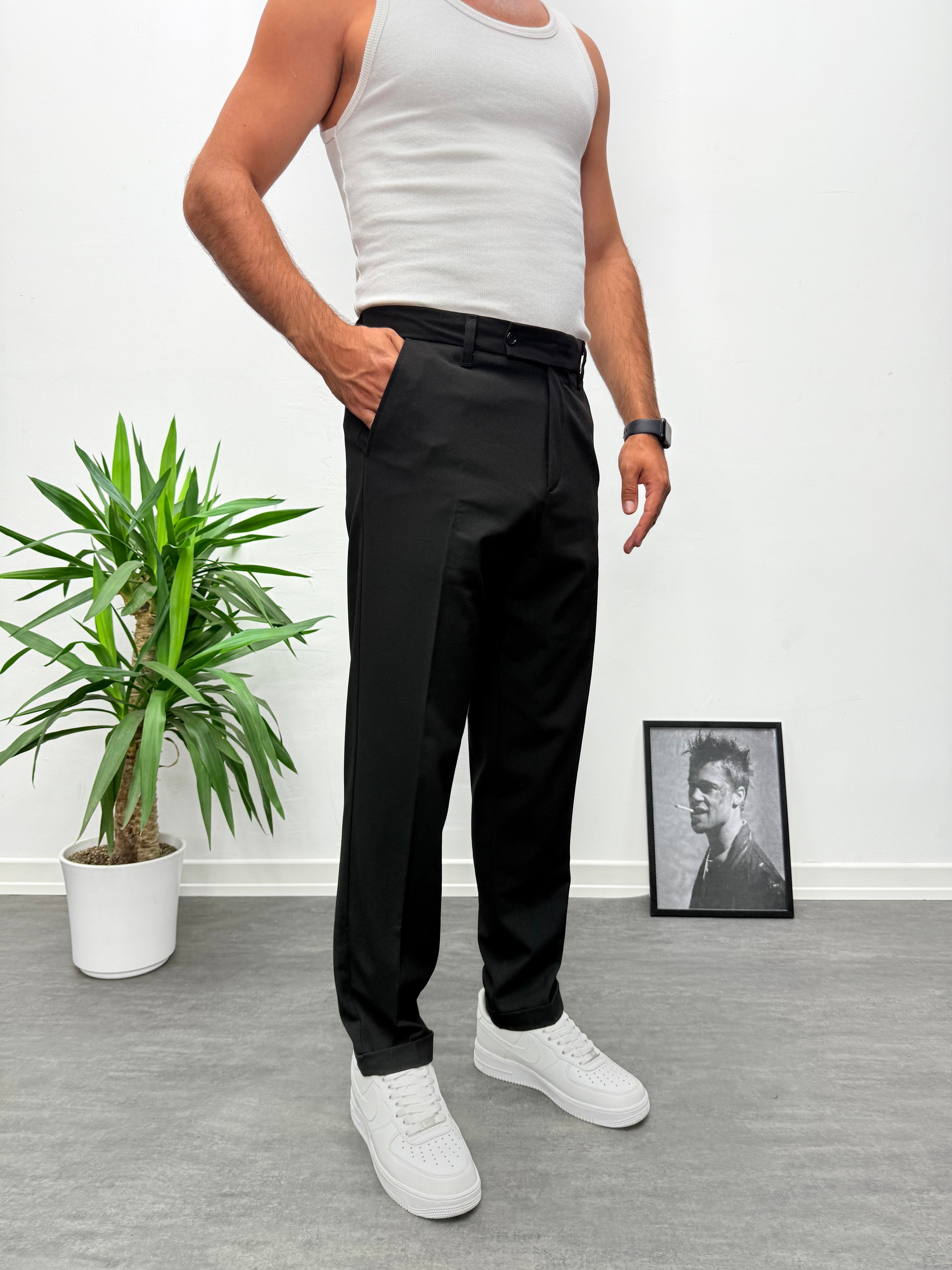 Siyah Premium Kalite Bel Lastikli Duble Paça Gabardin Kumaş Pantolon