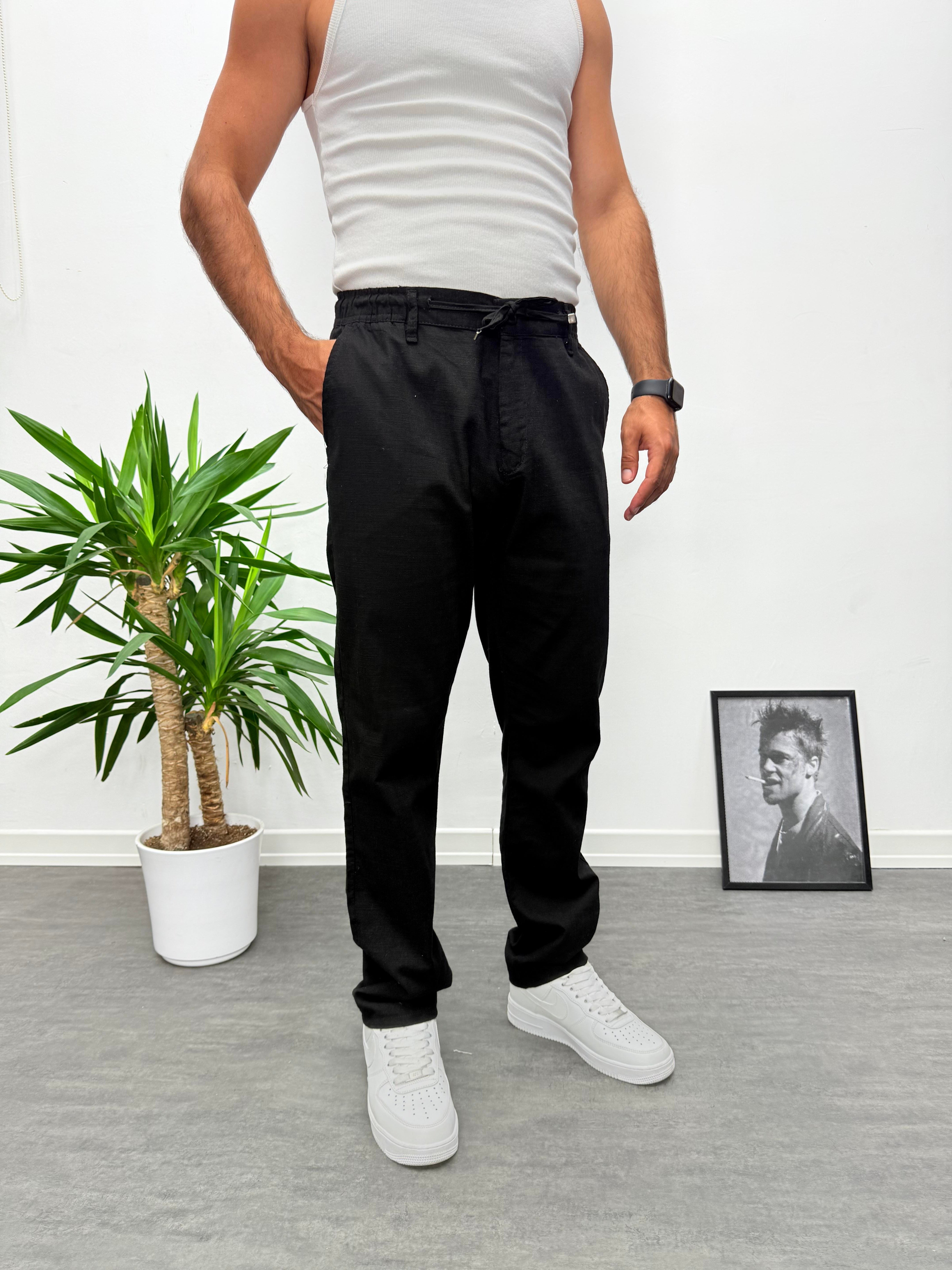 Siyah Regular Boyfriend Kalıp Keten Pantolon