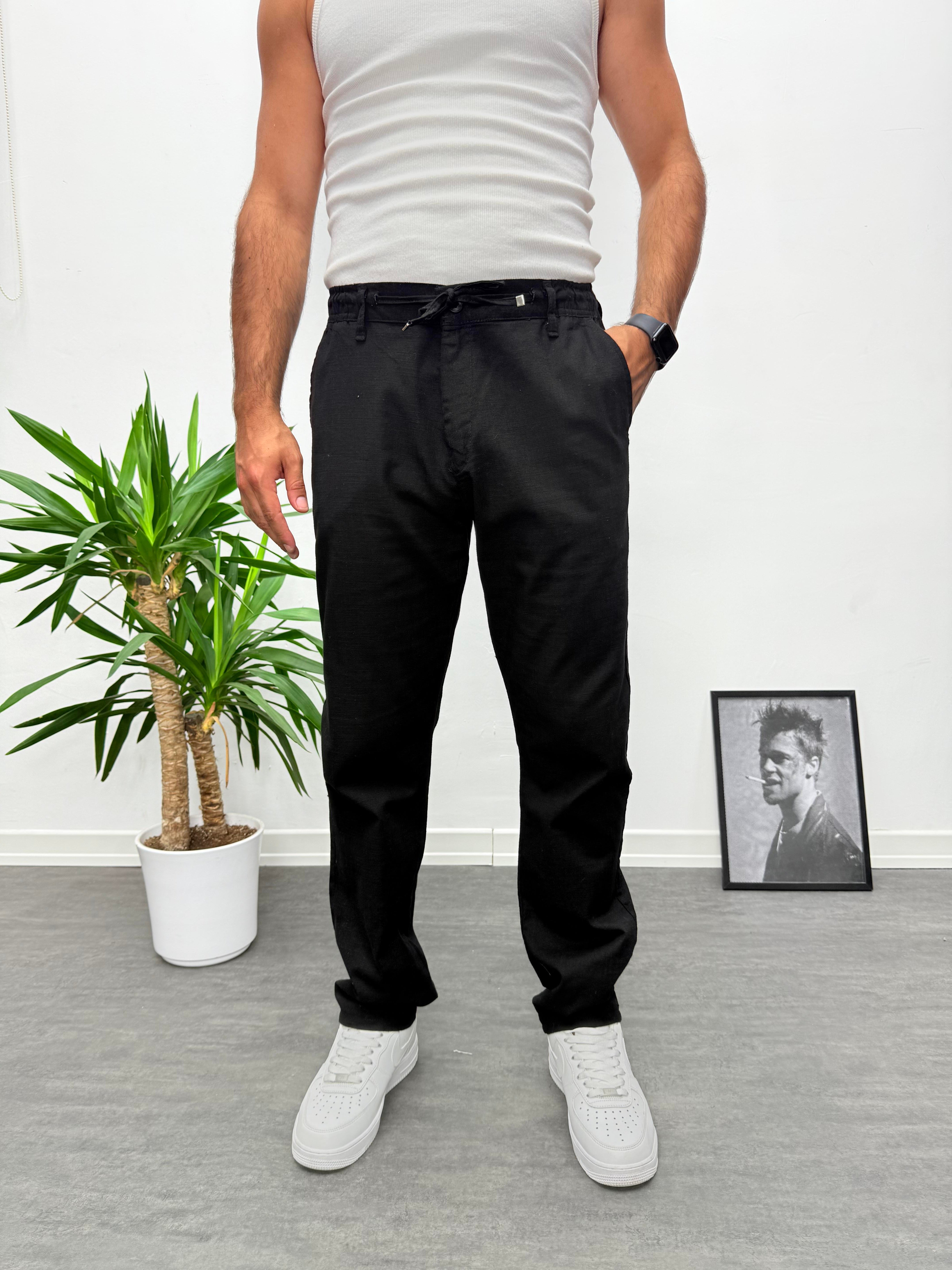 Siyah Regular Boyfriend Kalıp Keten Pantolon