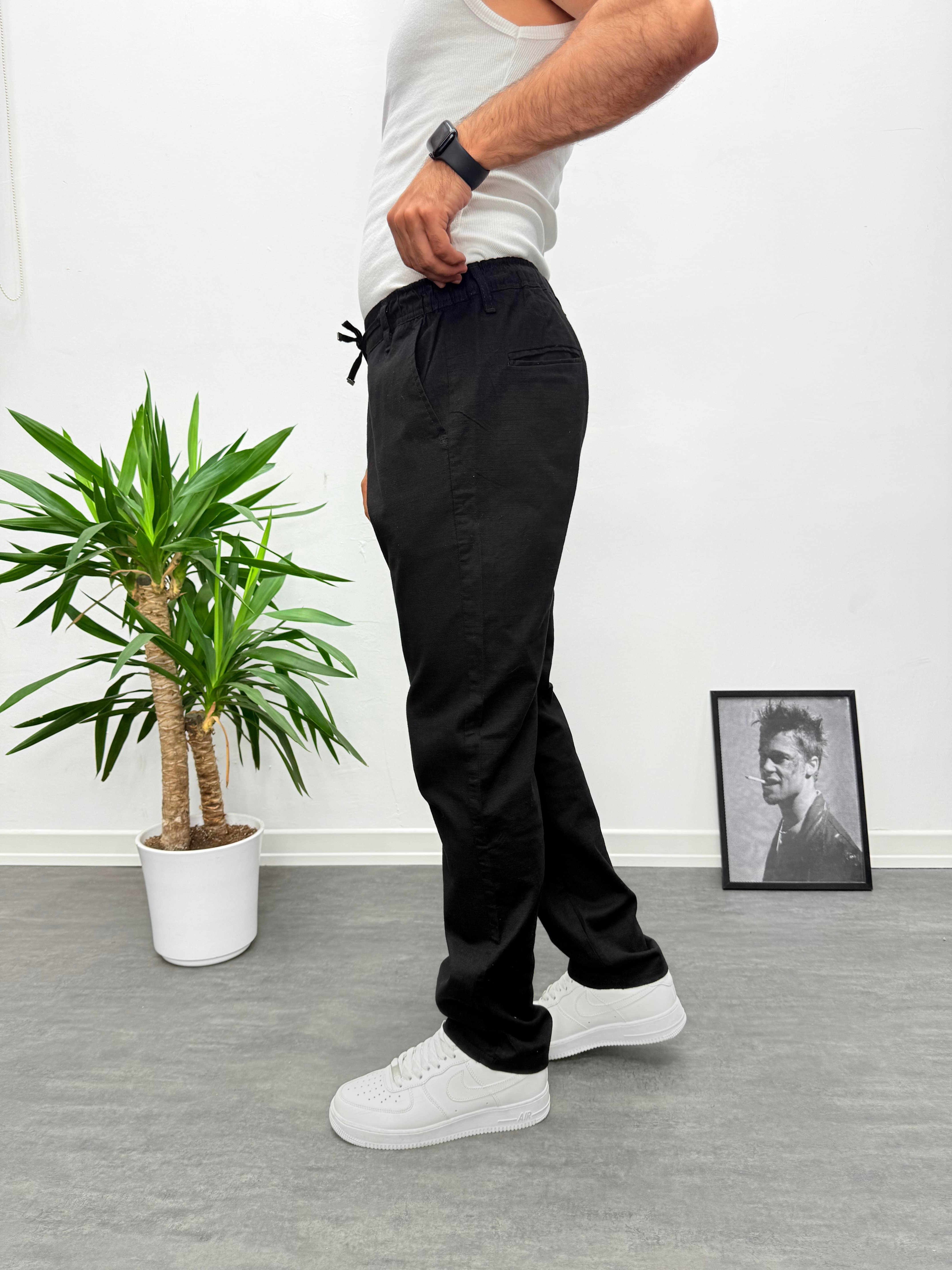 Siyah Regular Boyfriend Kalıp Keten Pantolon