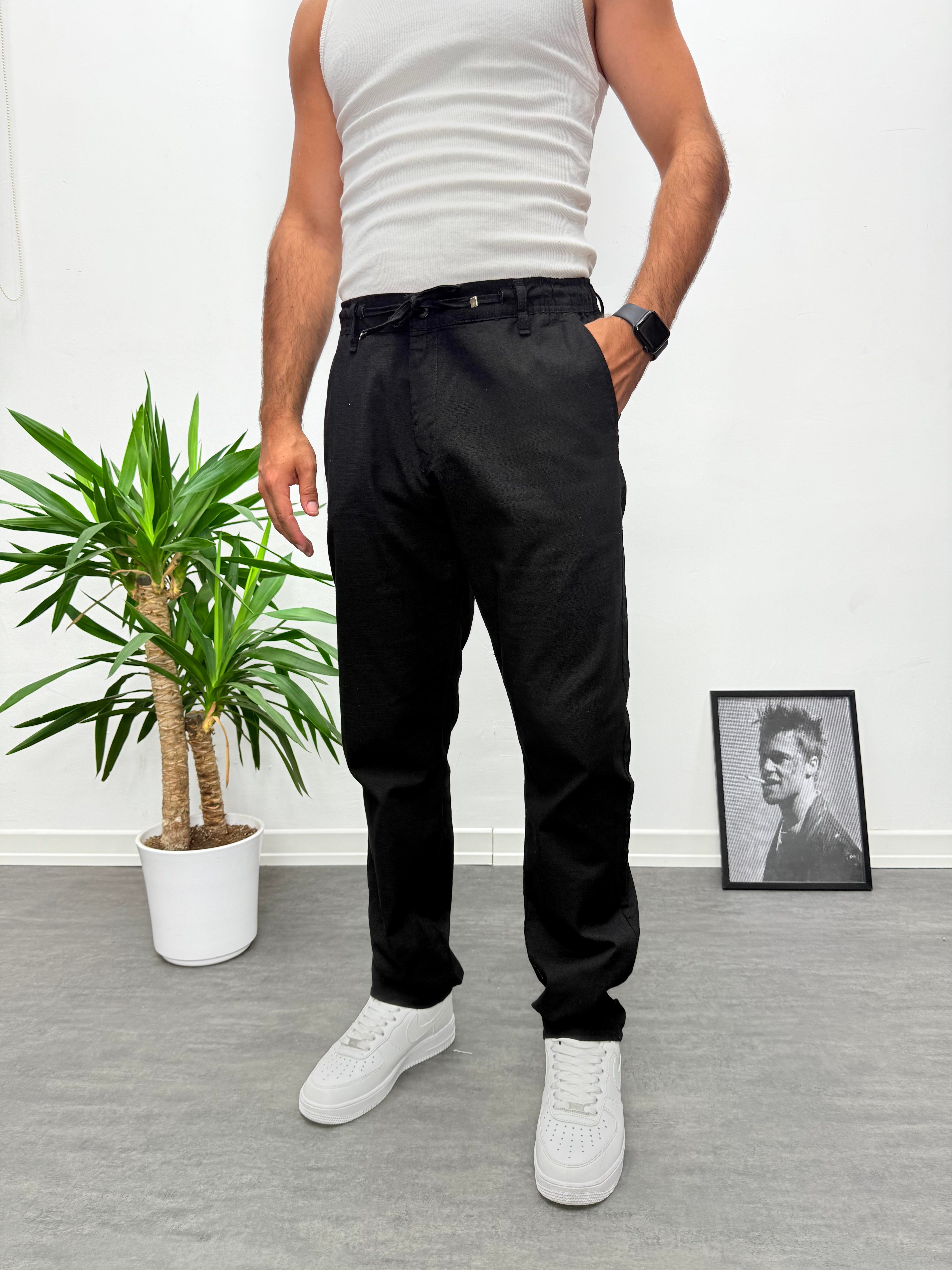Siyah Regular Boyfriend Kalıp Keten Pantolon
