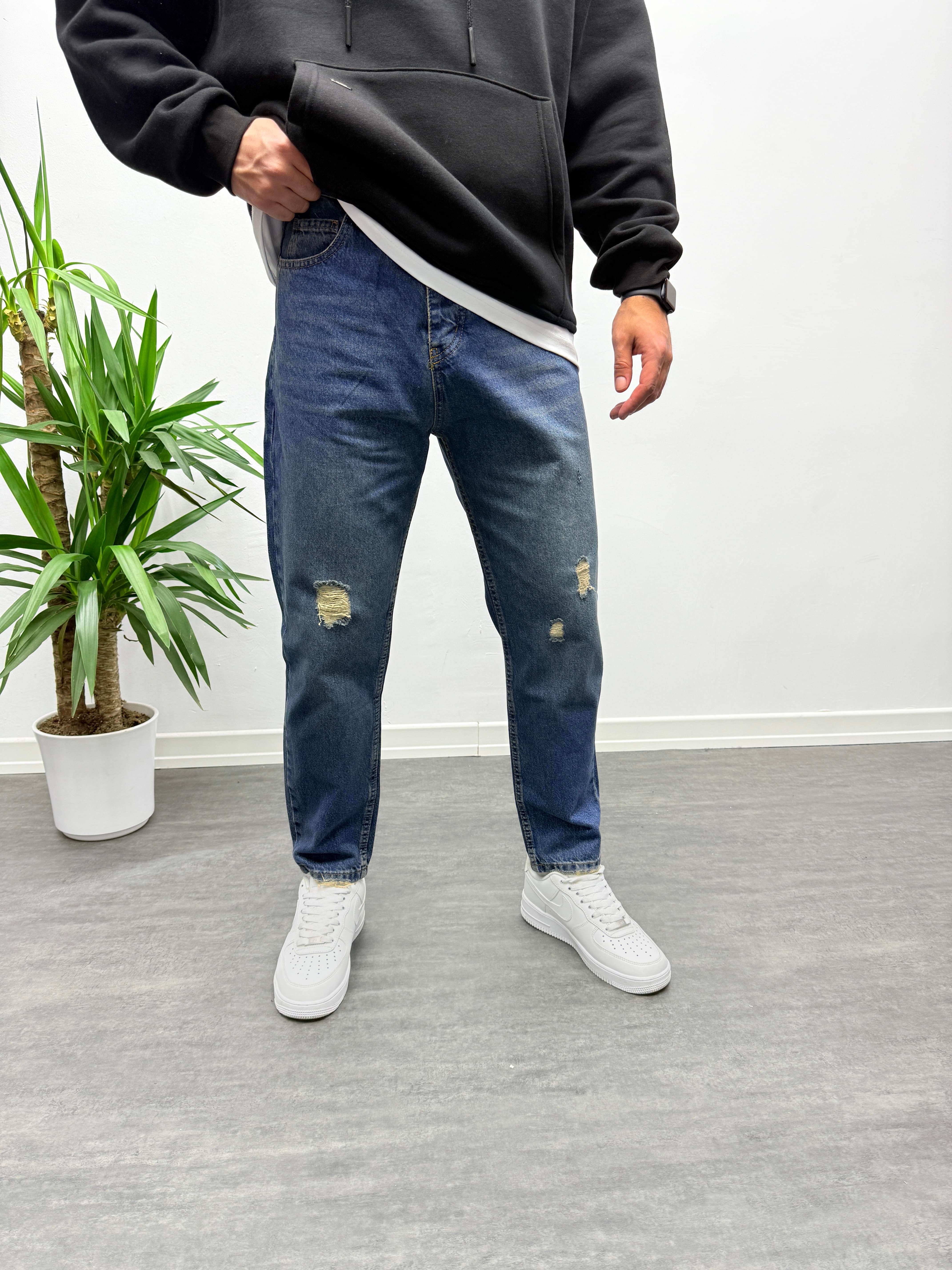 Yıkamalı Yırtık Detay Boyfriend Jean Mavi