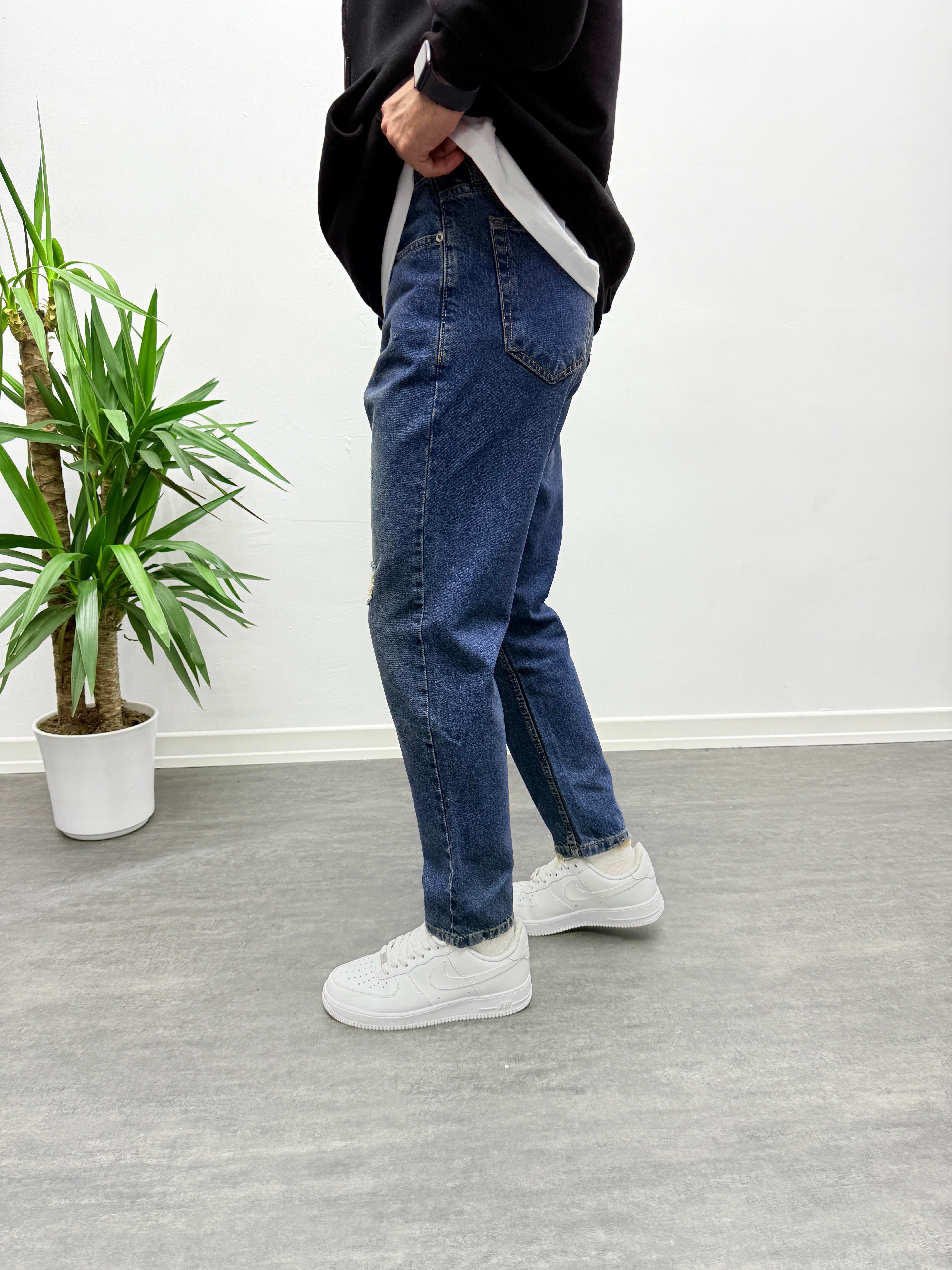 Yıkamalı Yırtık Detay Boyfriend Jean Mavi