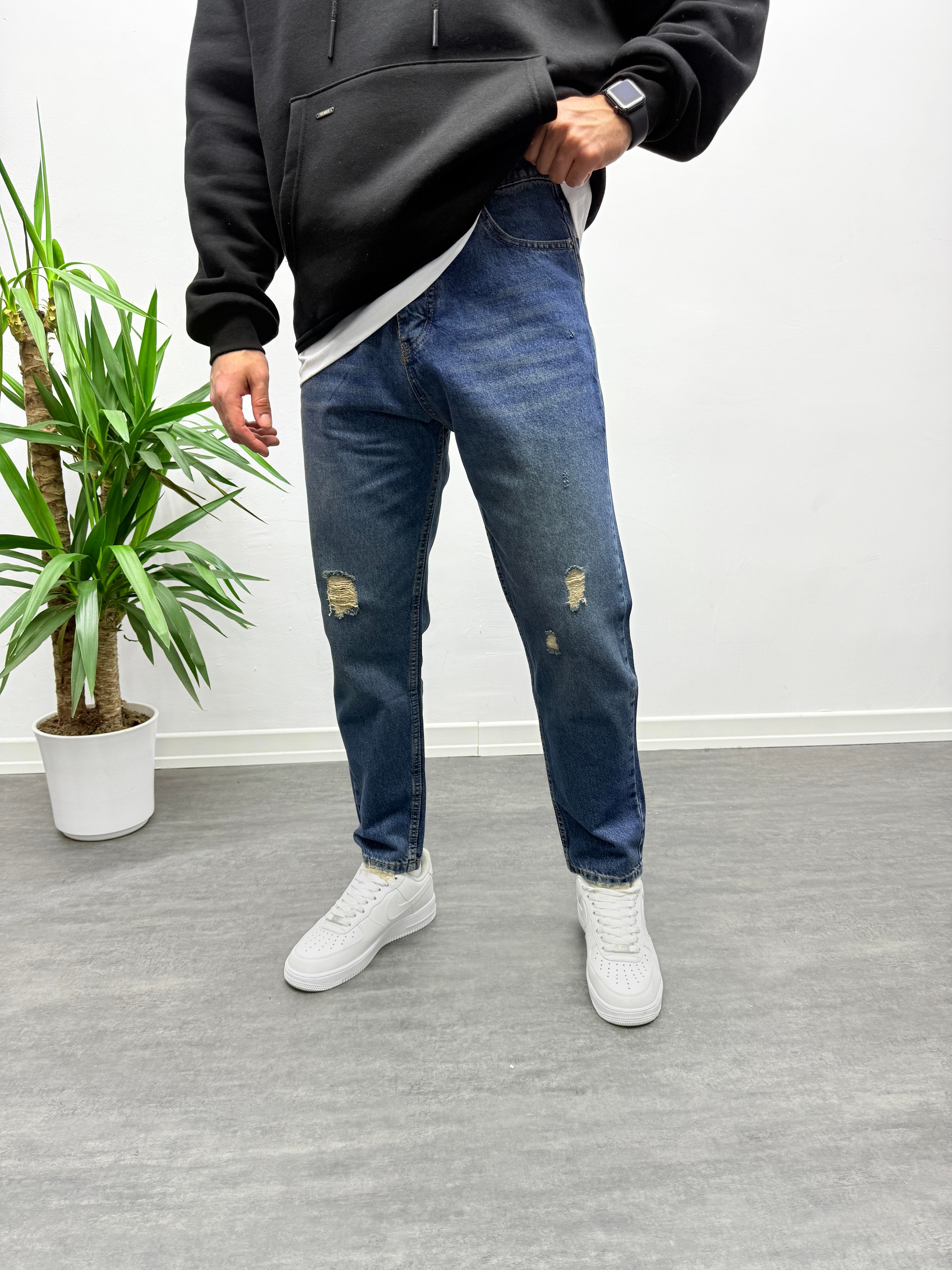 Yıkamalı Yırtık Detay Boyfriend Jean Mavi