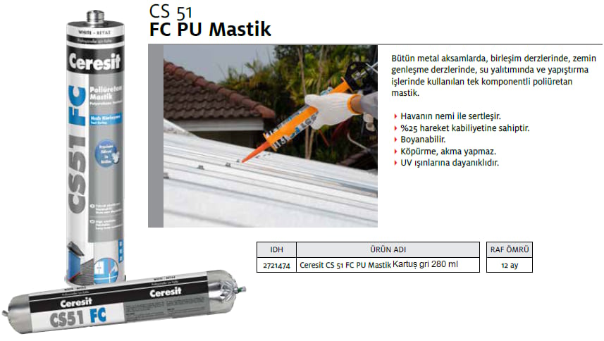 Ceresit Cs51 Fc Pu Mastik Kartuş Gri 280 Ml