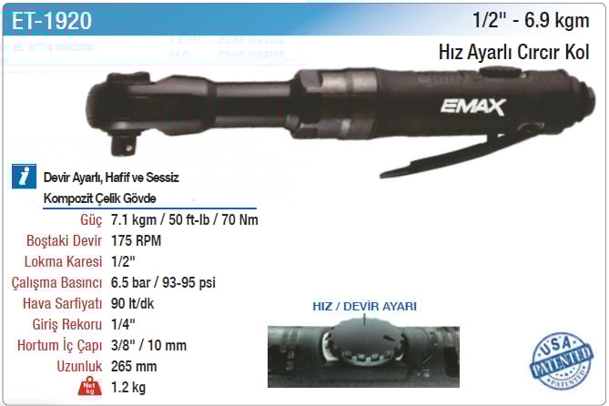 Emax 1/2 6.9Kgm Hız Ayarlı Cırcır Kol