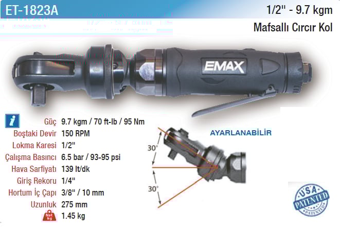 Emax 1/2 9.7Kgm Mafsallı Cırcır Kol
