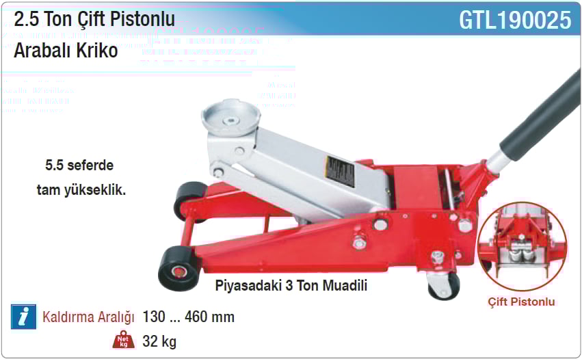 Nt Tools 2.5 Ton Çift Pistonlu Arabalı Kriko
