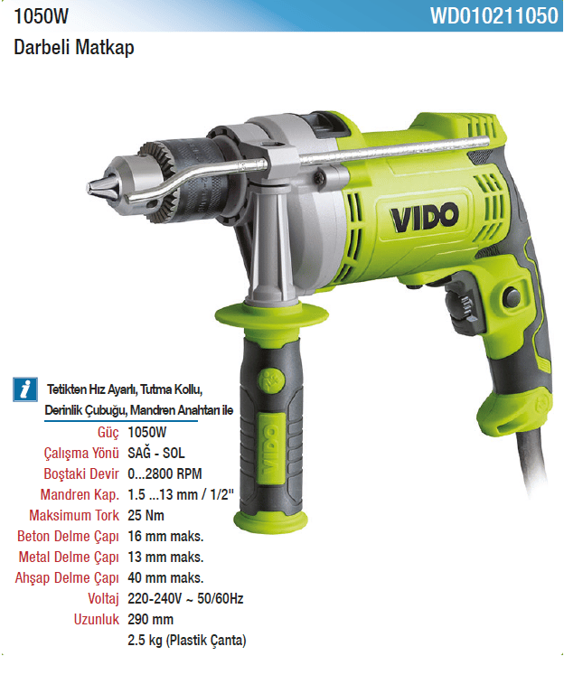 Vıdo 1050W Metal Darbeli Matkap