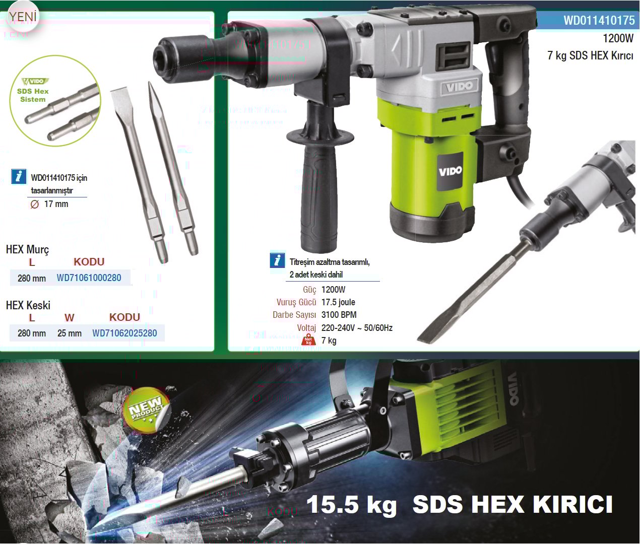 Vıdo 1200W 7Kg Sds Hex Kırıcı