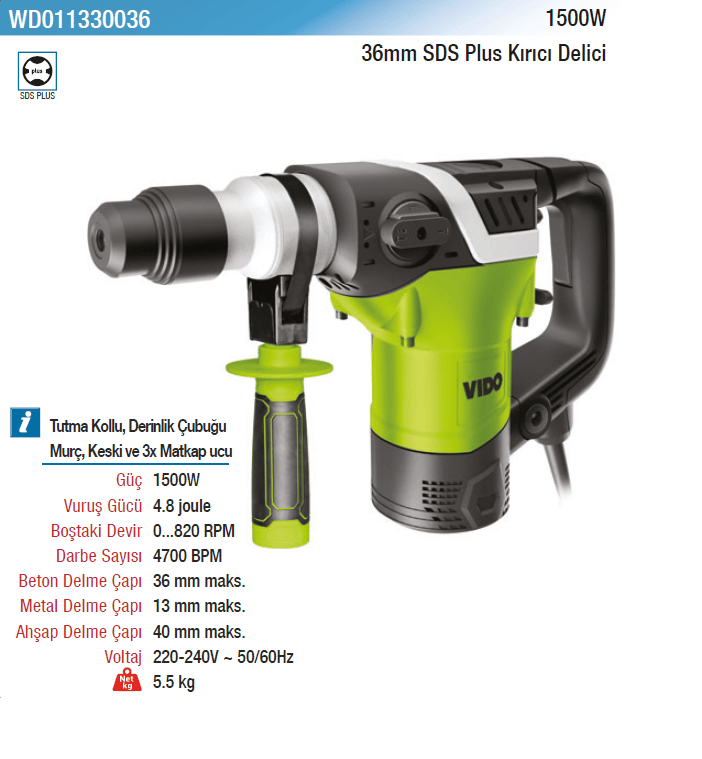 Vıdo 1500W 36Mm Sds Plus Kırıcı Delici