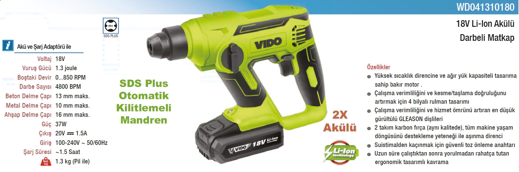 Vıdo 18V Li-Lon Akülü Darbeli Matkap